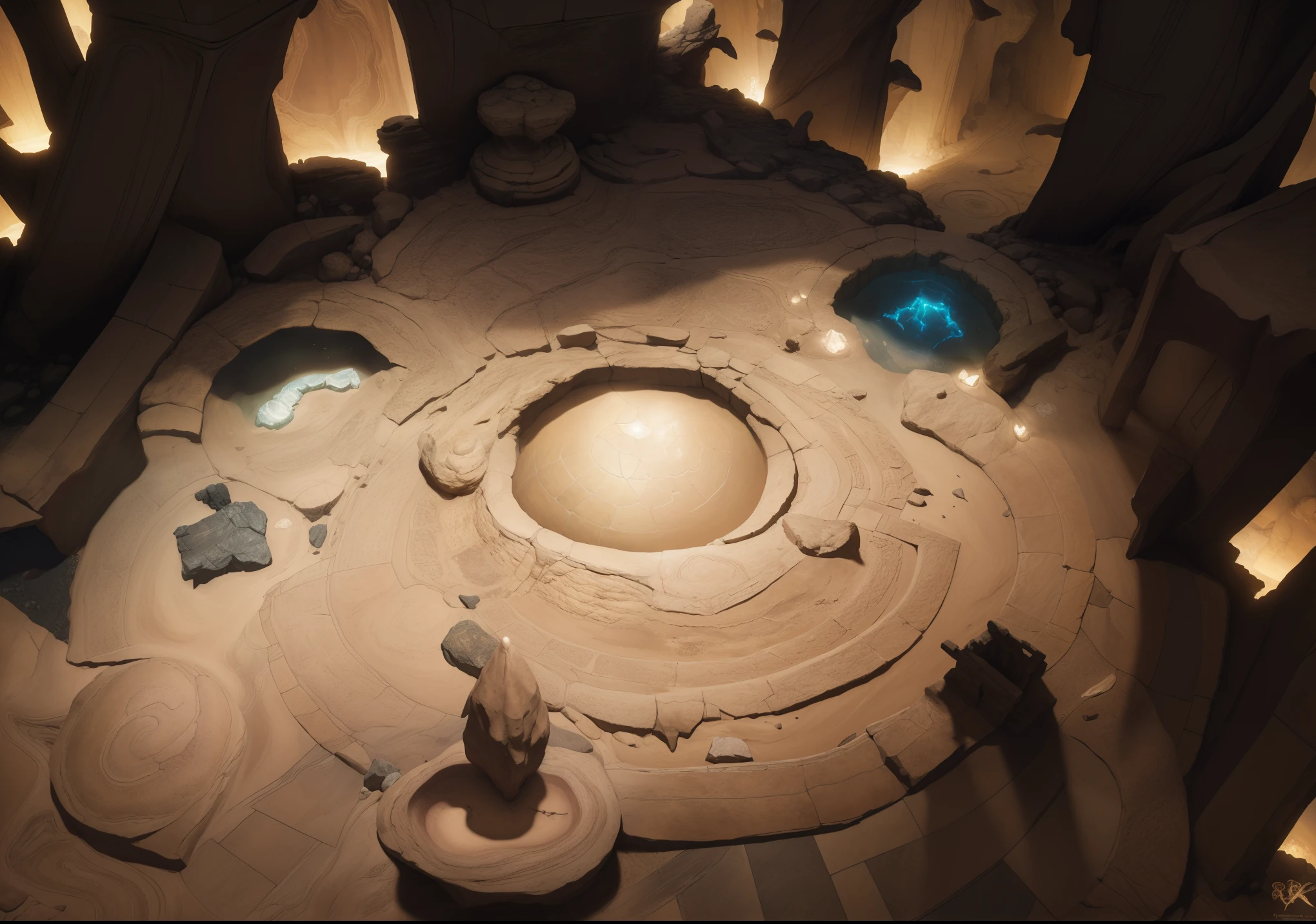 (masterpiece:1.1),(highest quality:1.1),(HDR:1),desert Rock texture，flagstone road，dim lights，speleothems，The texture is clear，Ray traching，Dune, dungeoun（The is very detailed，finely detailled，iintricate），8K resolution, birdseye straight top-down shot from a drone, (black necrotic magic in the air:1.2), dungeons and dragons, final fantasy, game art, (coherent architecture and interior, with realistic proportions and textures, intricate details, handdrawn, vibrant, cinematic lighting, masterpiece, 8k:1.2), ancient architecture, a crystal on front 