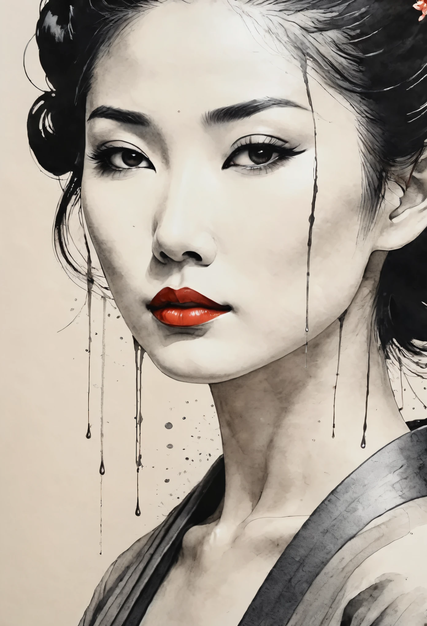 A minimalist ink draw painting, a close-up of a beautiful geisha emerges from the paper, defined by delicate, dripping lines of ink. Her serene yet fierce expression is captured with a few precise strokes, with the ink dripping gently to suggest depth and emotion.