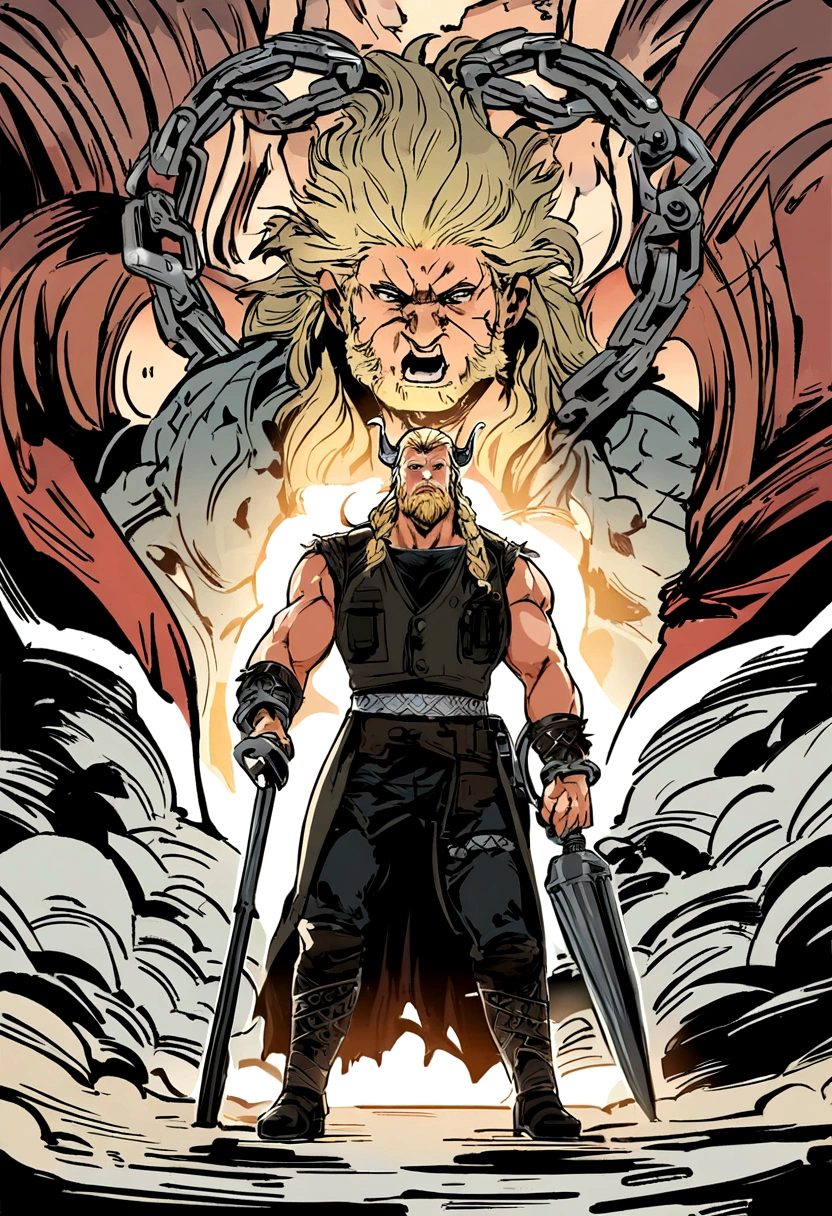 strong viking, wearing a vest, holding a metal detector and handcuffs. full body, comic book style, vector, thor inspired, no background, charismatic, full body