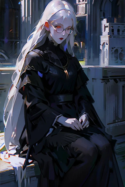 Cute 18 yo (albino:1.4)woman of Slavic descent.(short:1.1), , long white hair, gray eyes, ((very pale:1.4)). Innocent look. Gentle spirit.(virgin), Eyeglasses, (black lace dress), necklace, ((black pantyhose)), (black Mary Janes with straps).(joy)