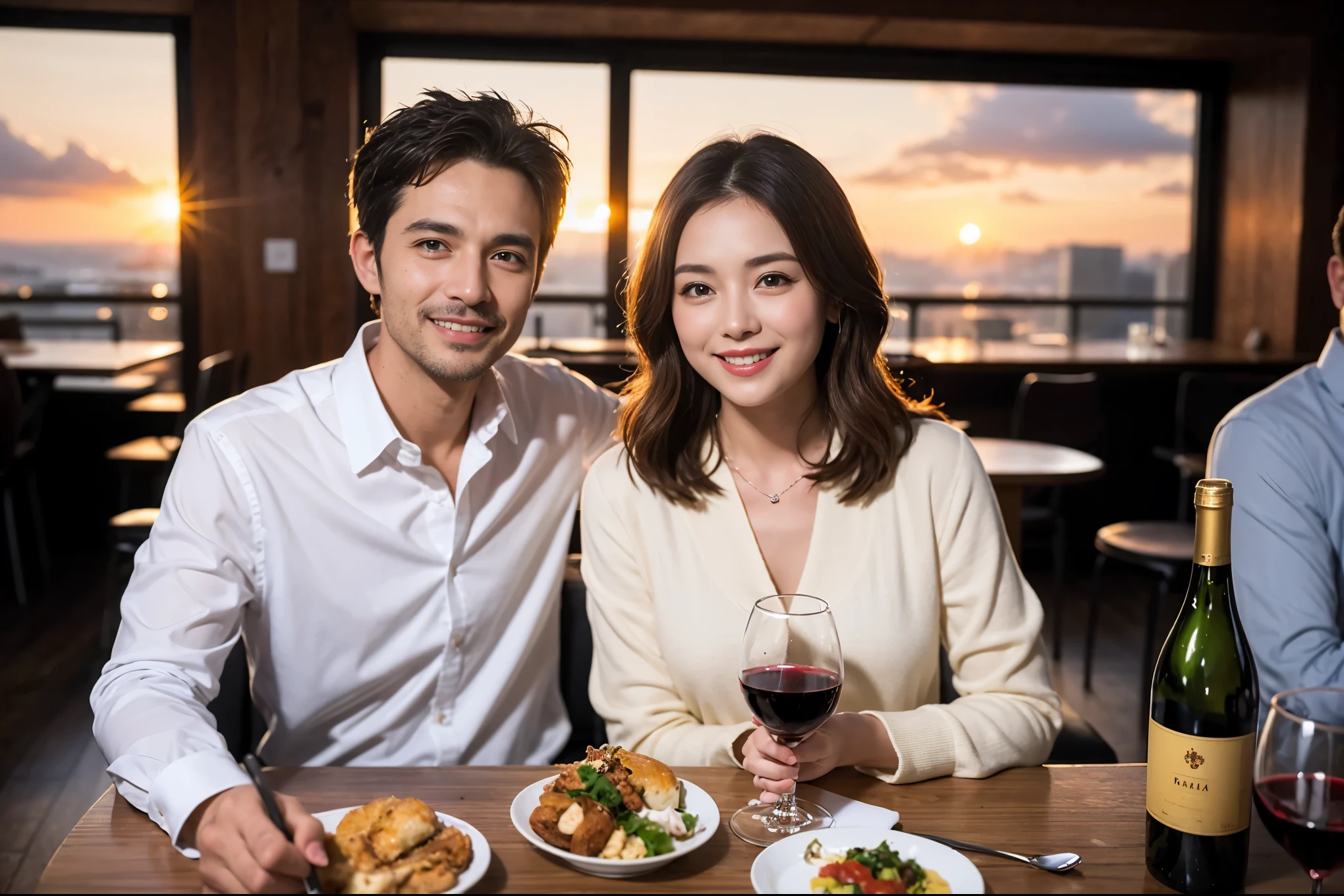 ((highest quality、8k、masterpiece:1.3))、 (Genuineistic, Genuine、Bright image、Intricate details:1.2), Best smile 1 man 1 woman、Beautiful Couple、Slim lover、Engaged Couple、actress、model、Smile、full-course dinner、 (Slim face), (The body is slim), (Brown Hair), (short hair), テーブルの上のwine glass、Please shine a light on my face、 Amazing view of the sunset sky and clouds、 (Age 44), 38 years old, red wine 、Appetizers、Wine bottle、sparkling wine、Long sleeve shirt、dress、White wine, red wine, wine glass,