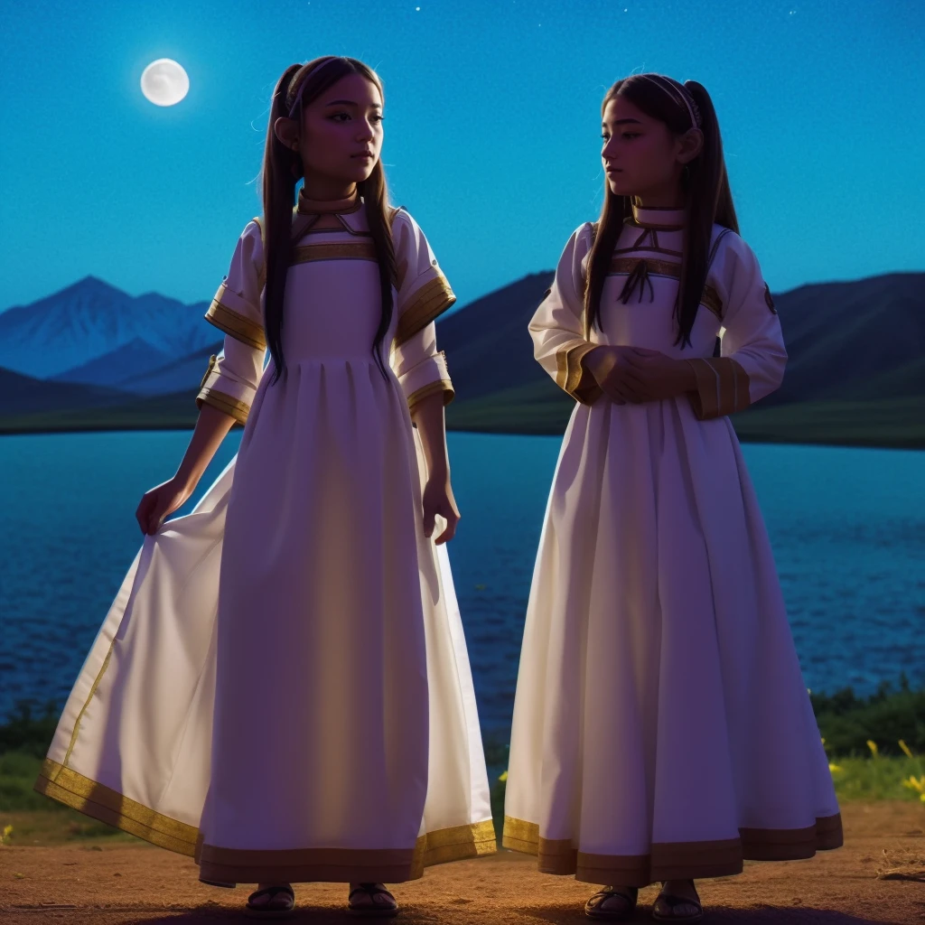 Highest quality、high quality、10 years old、Brightly embroidered ethnic costumes from Central Asia and the Caspian Sea region、Girl of the bride、Moonlit Grassland、moonlight、Long dress