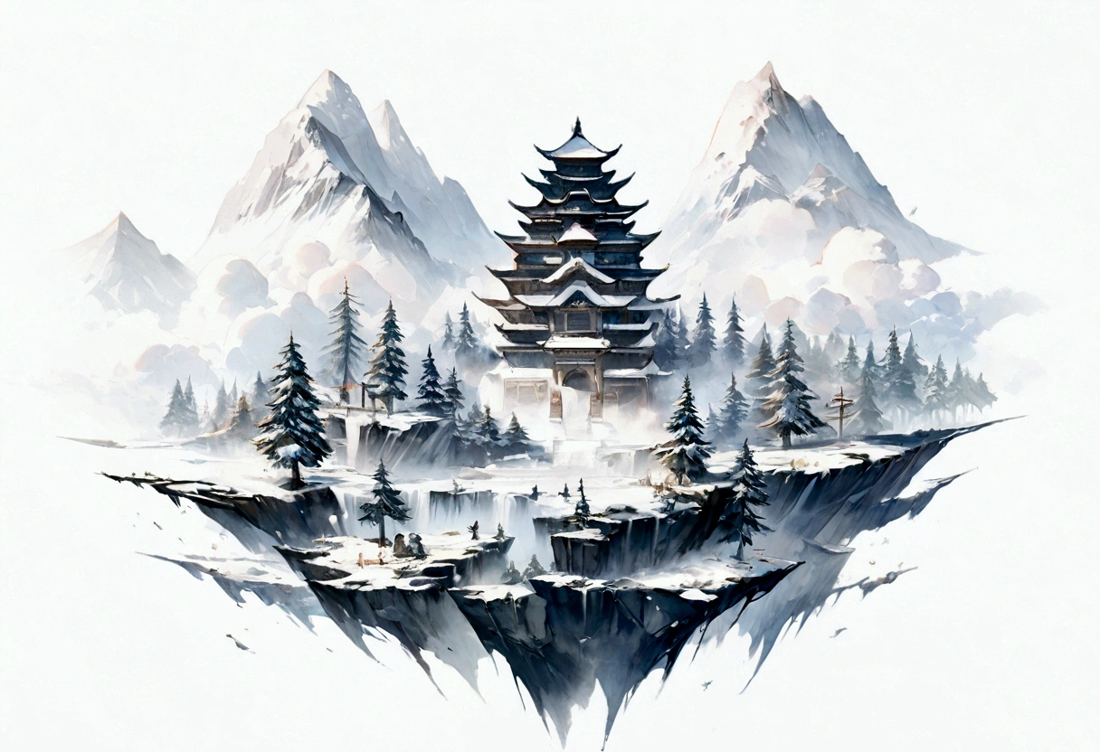 Strong and ferocious white tiger，green々The tall pines and cypress trees stand tall.，Surrounded by clouds，Rugged Mountain々，Old Palace，Surrounded by snow and ice，[(White background:1.5)::5]，Medium Shot，Full body photo，Chinese style，The scent of plum blossoms，Stone fragments，Beautiful and delicate brushwork on the Chinese white tiger: 1.1), Dynamic depiction, Vivid and realistic, Captivating Charm, rich picture, 8k, Ink and watercolor, Artistic decoration, Expected Inserts, Wide angle, Super Detail, The best quality at its best, High resolution, Anatomically correct