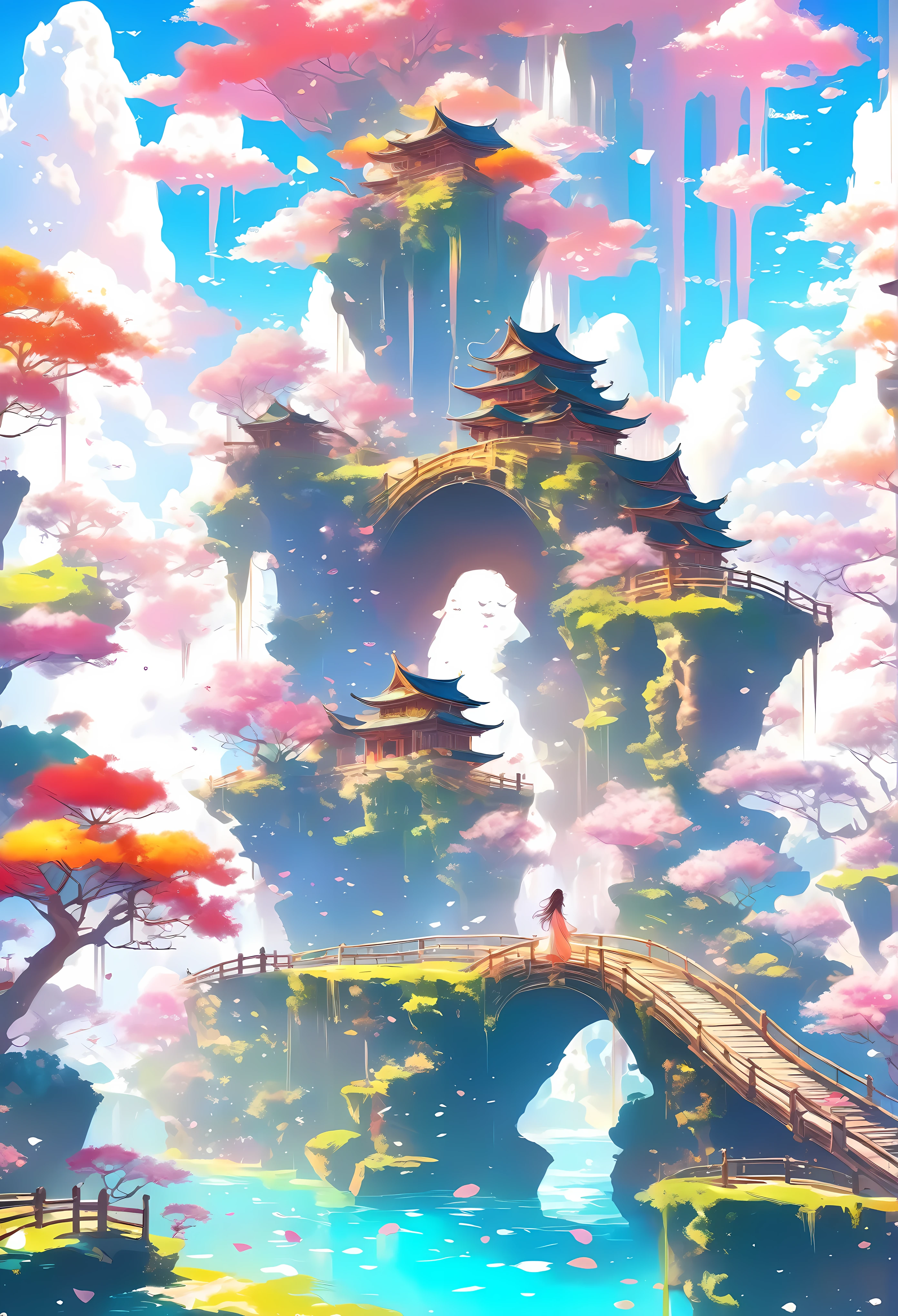 Ethereal floating islands interconnected by delicate bridges, 1girl with flowing hair standing in bridges, in a vibrant, sunlit sky with floating petals, serene and whimsical atmosphere, Anime style with highly detailed digital illustration using vibrant colors and soft brush strokes to create a dreamlike effect