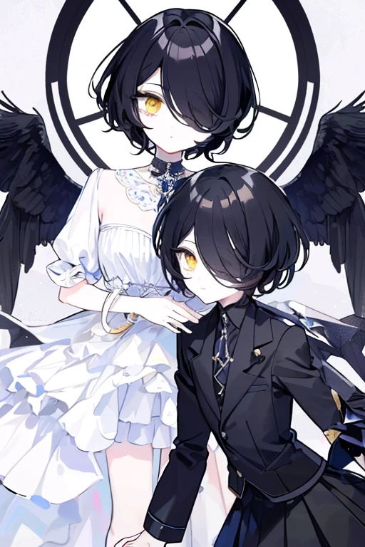 (highest quality、masterpiece:1.2) (((1 boy))) (suit) short hair、black hair,,、yellow eyes、elegant、beautiful eyes、beautiful hair、smooth skin、((low length))((hair above one eye, one eye covered)) (introverted look)upper body visible(((cute face))),(twins:1.5)