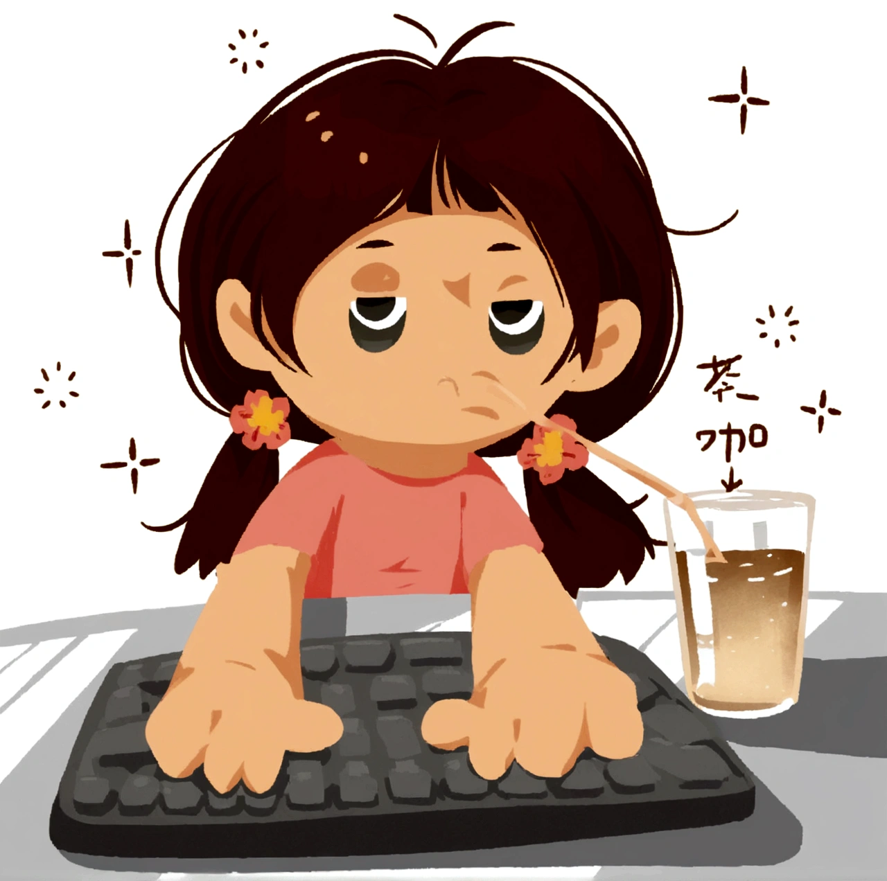 Cartoon girl drinking a beverage while using a keyboard, Sitting at the table，In front of the keyboard, Lovely:2, sitting in front of computer, Anime girl drinking energy drink, technical pain, Bored expression, Sitting in front, Change, Digital Anime Illustration, Interesting illustration, cartoon style illustration, tired expression, Chew on the graphics card, Digital Illustrations -