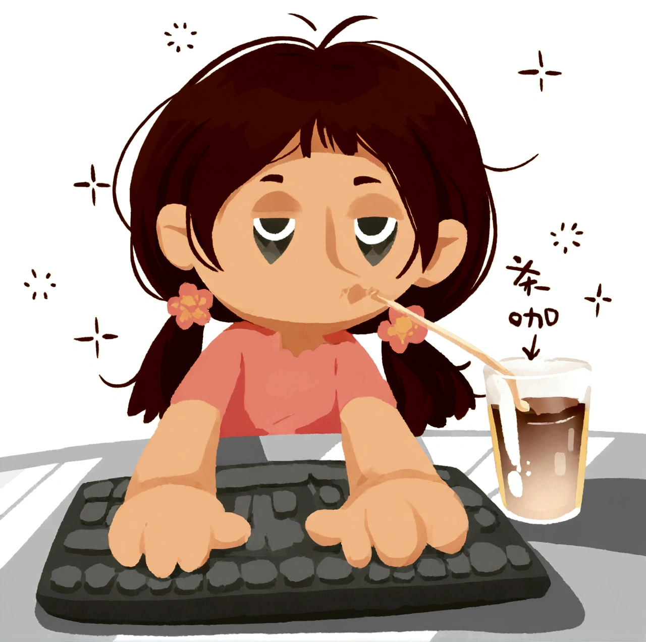 Cartoon girl drinking a beverage while using a keyboard, Sitting at the table,In front of the keyboard, Lovely:2, sitting in front of computer, Anime girl drinking energy drink, technical pain, Bored expression, Sitting in front, Change, Digital Anime Illustration, Interesting illustration, cartoon style illustration, tired expression, Chew on the graphics card, Digital Illustrations -