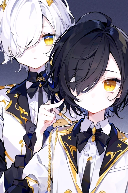 (highest quality、masterpiece:1.2) (((1 boy))) (suit) short hair、black hair,,、yellow eyes、elegant、beautiful eyes、beautiful hair、smooth skin、((low length))((hair above one eye, one eye covered)) (introverted look)upper body visible(((cute face))),(twins:1.5)