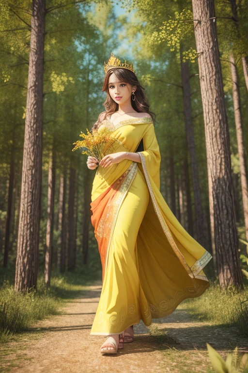 A beautiful woman is walking in the middle of a forest, she's offering her hand, growing like a crown of a tree, green, orange and gold,like a living organism, shining bright, dressed with symmetrical designs of leaves and arabesques, adorned with yellow lights, masterpiece, highly detailed, 3d modelling, 4k resolution, abstract art, digital art, photographic