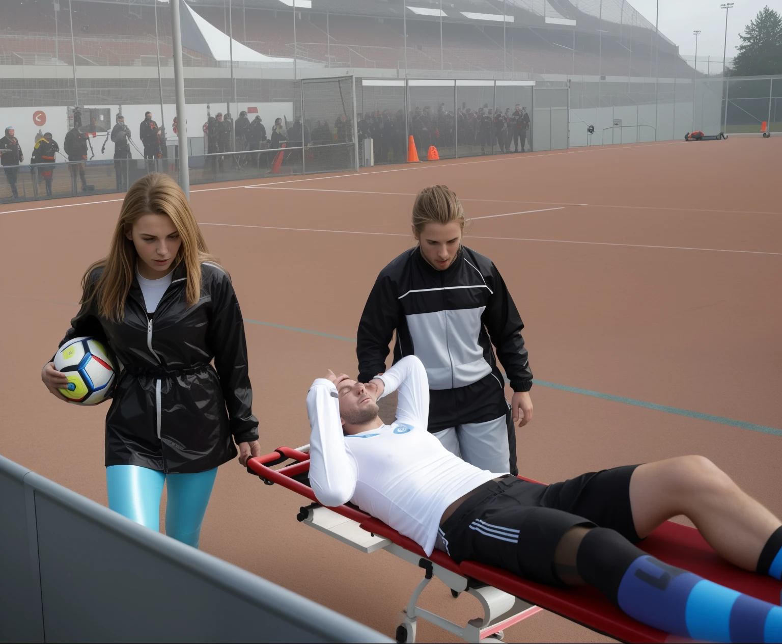 two women carry a strercher, two women in shiny jackets carry a stretcher on a soccer field, two women in plastic jackets are standing on a soccer field and hold a stretcher, There are two madeup women I shiny and wetlook outfits carrying a stretcher on a sports ground, there is a slightly bearded and attractive young male sportsman lying injured on a stretcher with a very painful expression, there is a sportsman lying on his back on a stretcher and covers his painful looking face with his hands, there are women in wetlook laquered outerwear carrying a man on a stretcher in a sports stadium, there is a man on a stretcher being carried by two very madeup women, there is a bearded soccer-player lying on a stretcher, there is a soccer-player on a stretcher with his hands over his face, a soccer-player is lying on a stretcher and has put his hands over his face, soccer, football