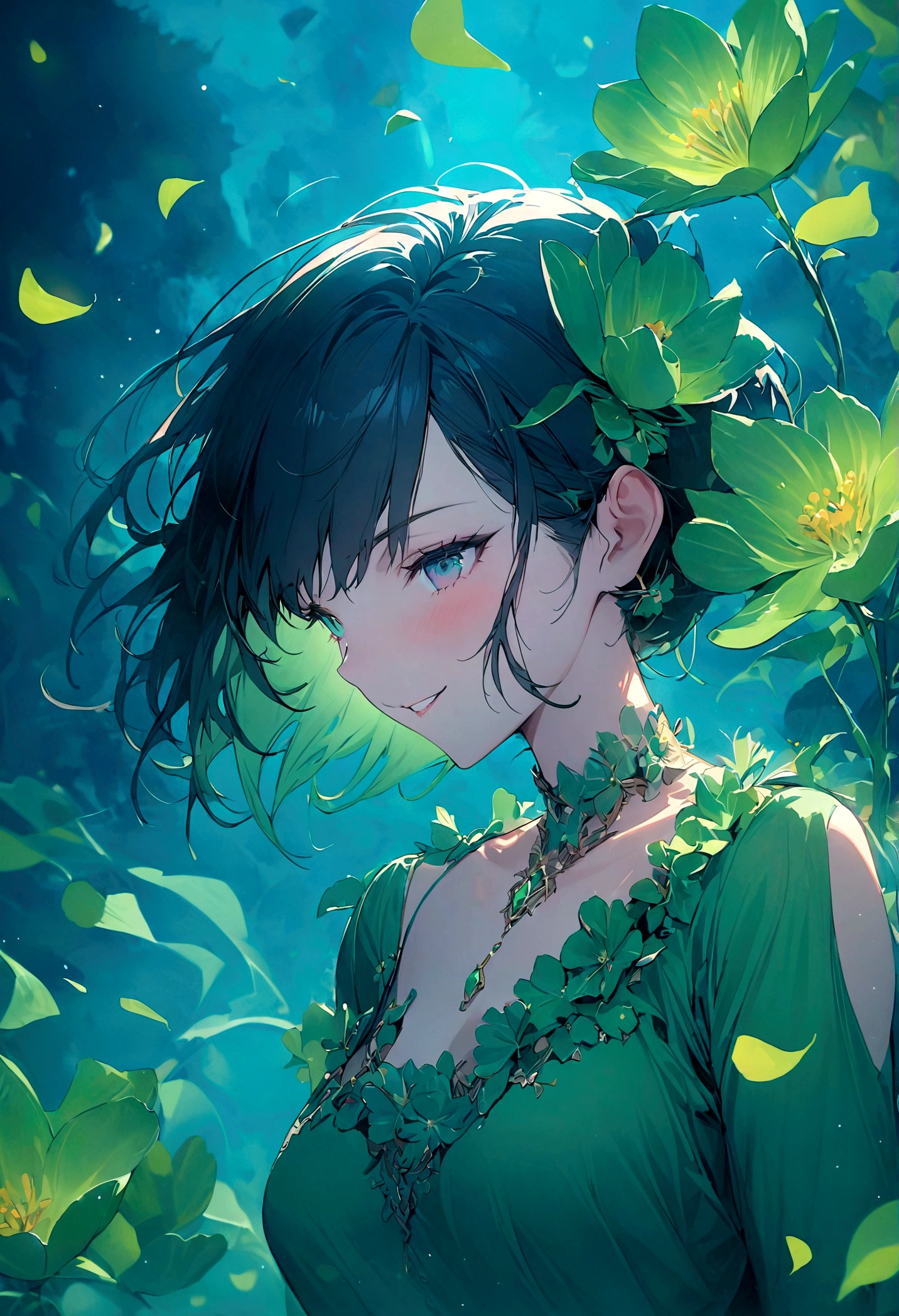 A beautiful and delicate portrait,A naughty and cute girl,Has short boyish hair, Black Hair, Emerald Green Ocean, naughty smile, Dancing petals, (Top quality, masterpiece, Surreal) Flower petals floating in the background