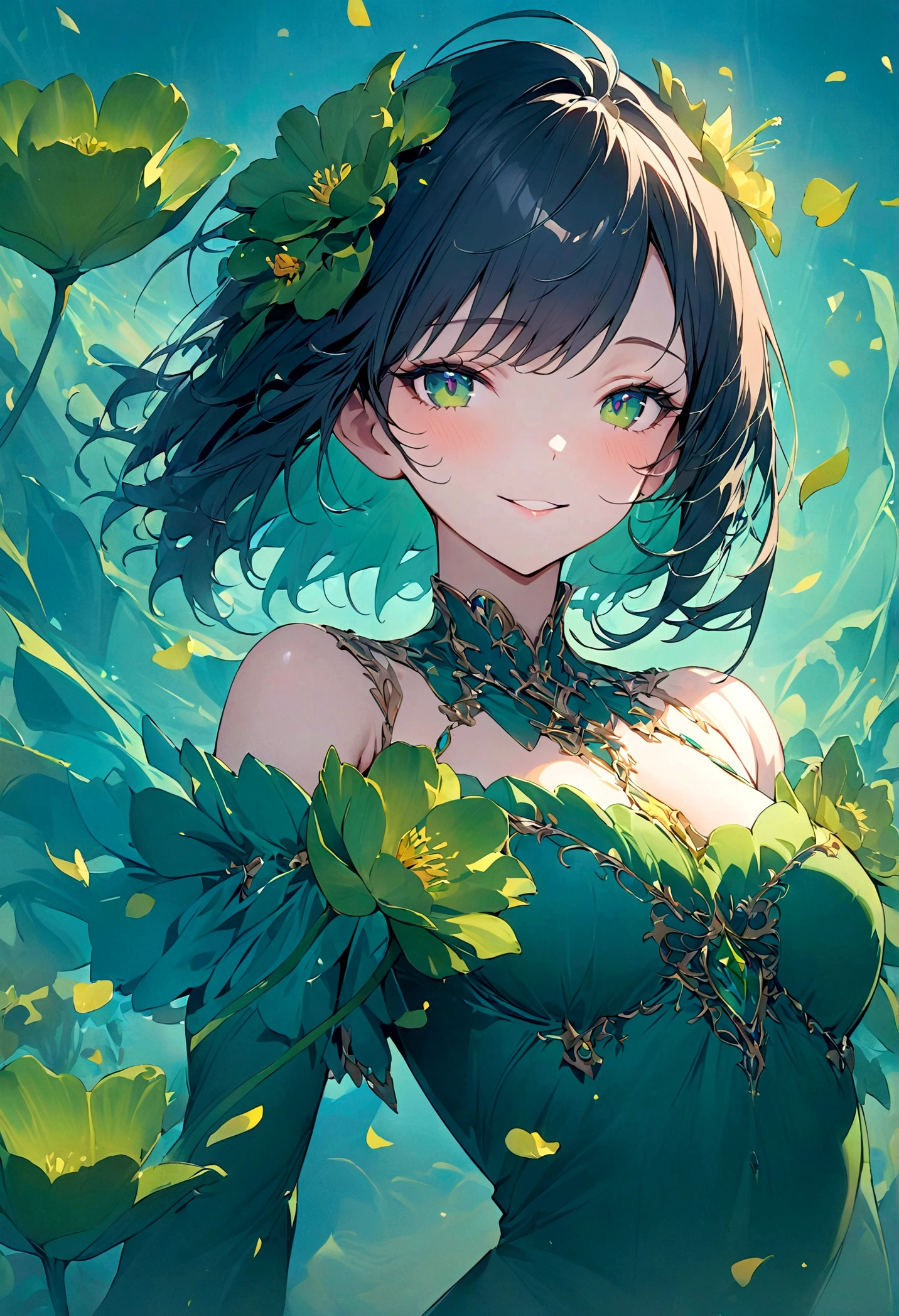 A beautiful and delicate portrait，A naughty and cute girl，Has short boyish hair, Black Hair, Emerald Green Ocean, naughty smile, Dancing petals, (Top quality, masterpiece, Surreal) Flower petals floating in the background