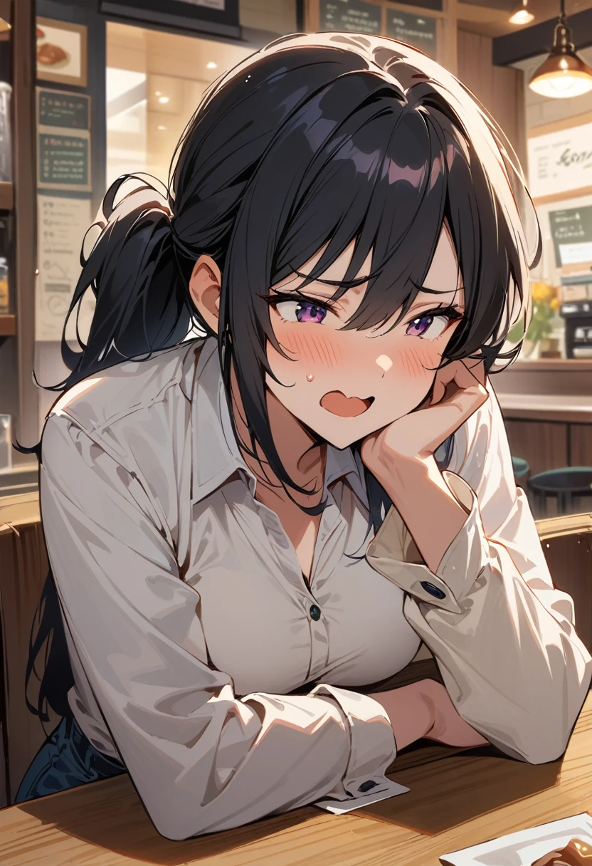 girl, Black Hair, Pull up your ponytail，Disgusted look, Laugh at someone who is talking, High-quality images, masterpiece, Coffee Shop,