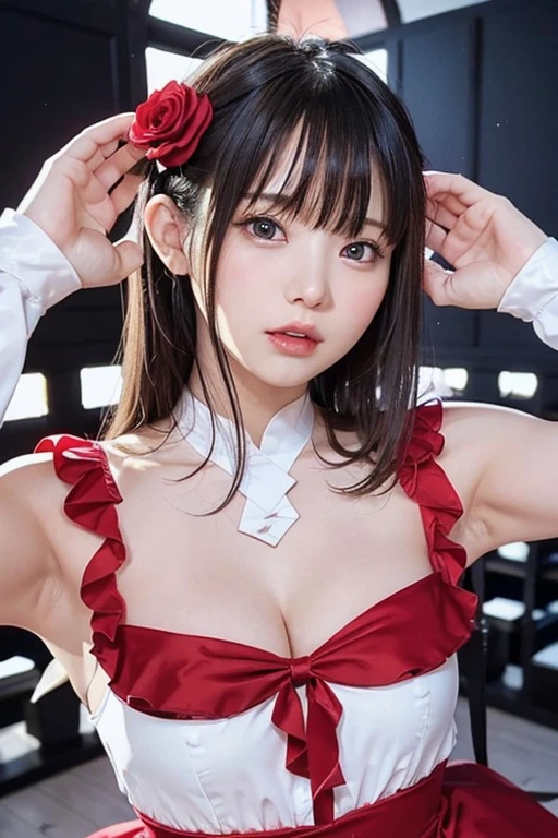 (highest quality, Tabletop), (One Girl, alone, White Dress, Are standing , View Audience, Gray Hair, Red eyes, Mouth closed, ),((White Rose)), One Woman、20-year-old woman、Flat body、Flat chest、Small breasts、Slime、cute、A face like an elementary school student、 (Background Blur)、(Shine:1.3)、(Blue geometric background:1.3)、(head shot)、Red Rose、Red flower、Gothic ta、Ulzzang、