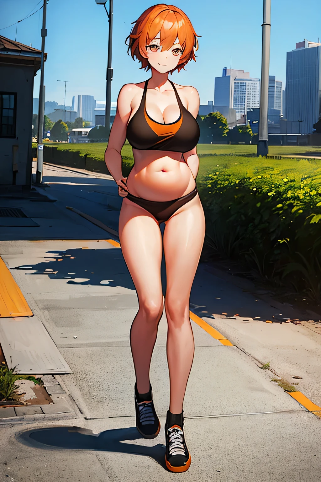 1girl, short orange hair, black-green eyes, orange tank, blue shorts, black footwear, deep cleavage, large breasts, outside, sunny day, realistic, glowing eyes, full body, navel, pregnant girl, thigh, 18th years old, big pregnant, smile, city
