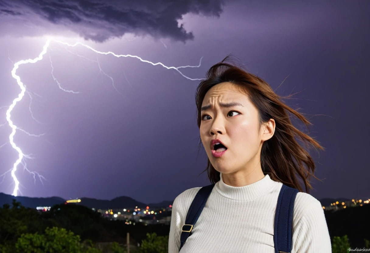 The smell of my own socks(show a look of disgust:1.9)woman、靴下があまりにも臭くて稲妻が落ちたような衝撃を感じるwoman、Lightning flashing in the background、
