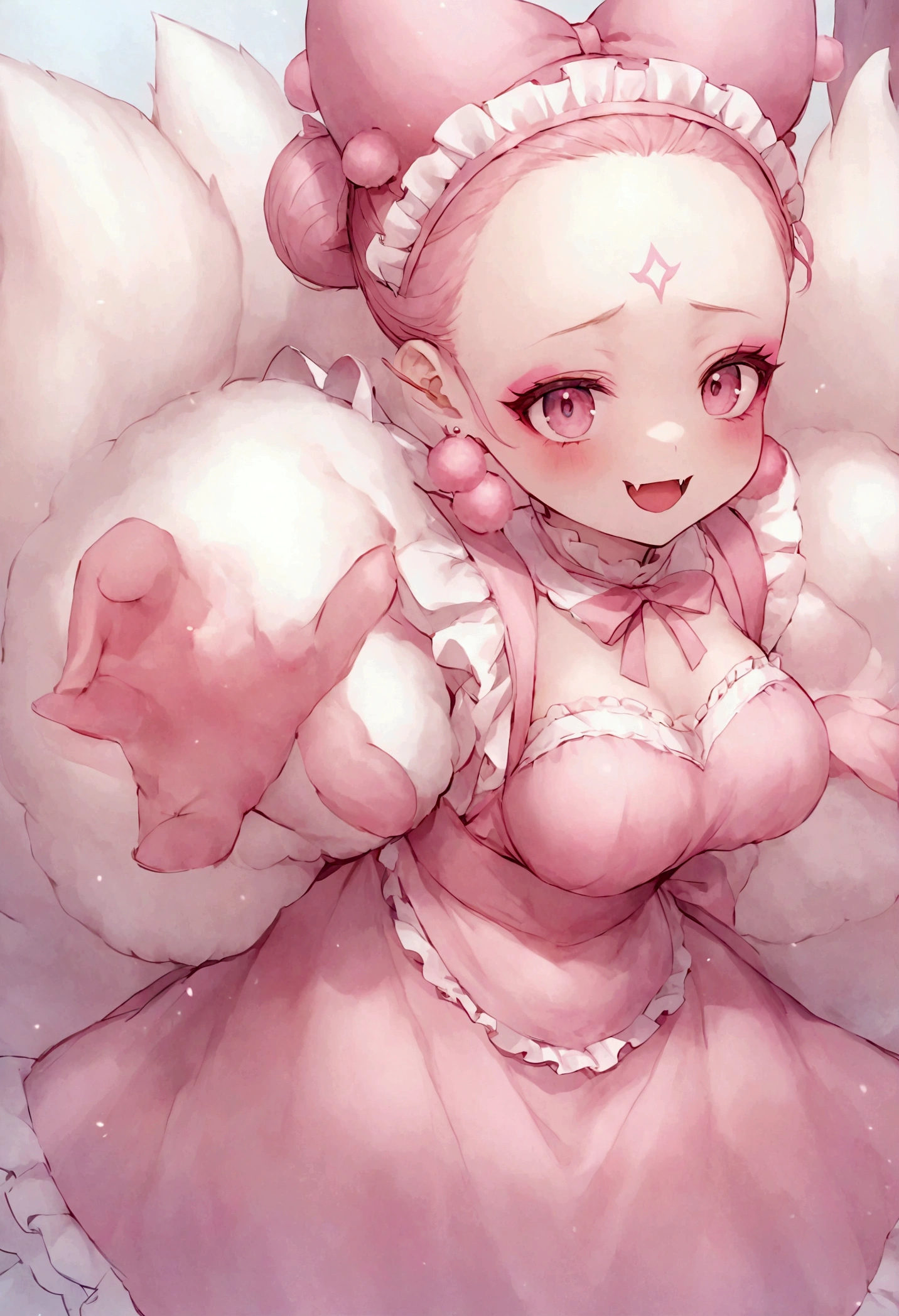 Beautiful face，beautiful eyes，Pink Eyeshadow，laughing out loud，Fangs，Big fluffy tail，Black high bun，Forehead hair，Pink pompom earrings，Pink maid outfit，Reach out，Spells，