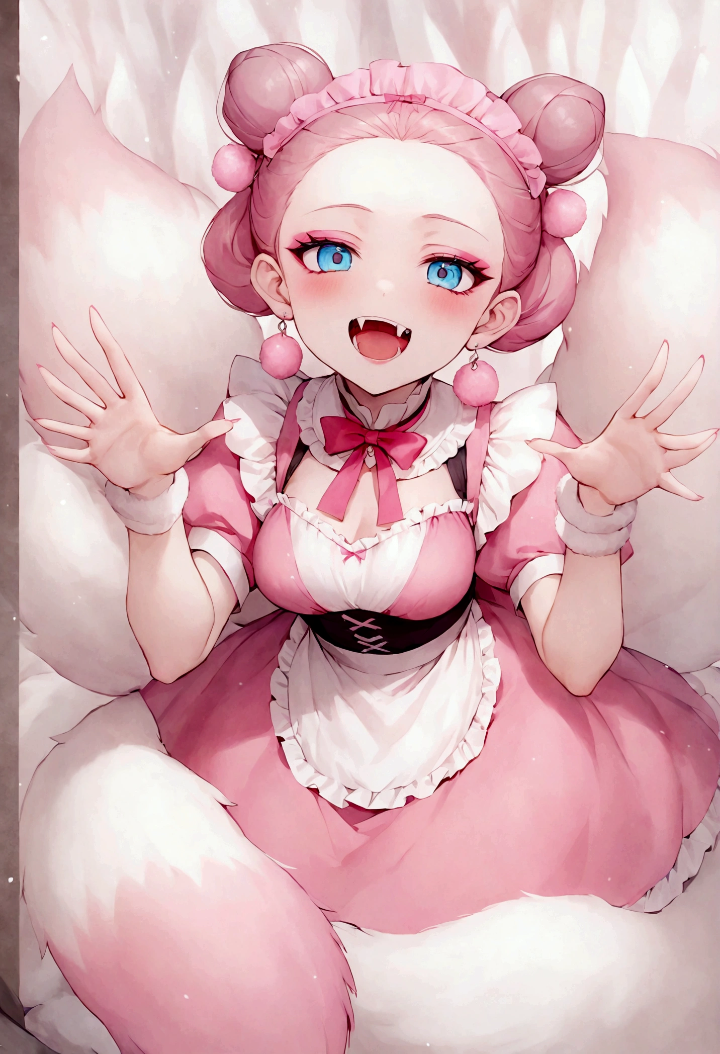 Beautiful face,beautiful eyes,Pink Eyeshadow,laughing out loud,Fangs,Big fluffy tail,Black high bun,Forehead hair,Pink pompom earrings,Pink maid outfit,Reach out,Spells,