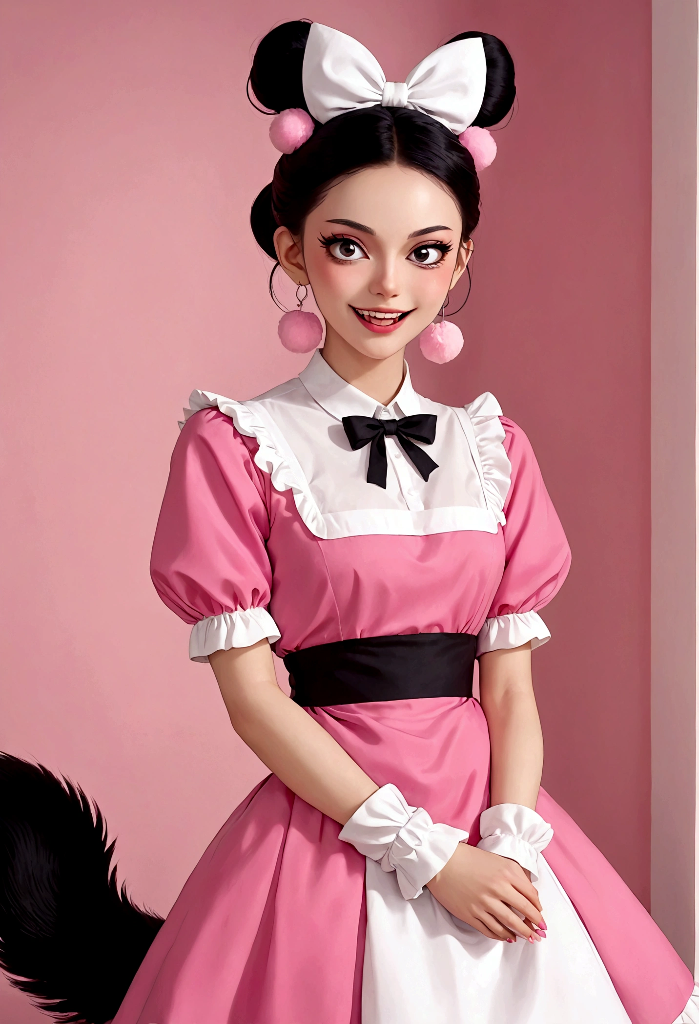 Beautiful face,beautiful eyes,Pink Eyeshadow,laughing out loud,Fangs,Big fluffy tail,Black high bun,Forehead hair,Pink pompom earrings,Pink maid outfit,Reach out,Spells,