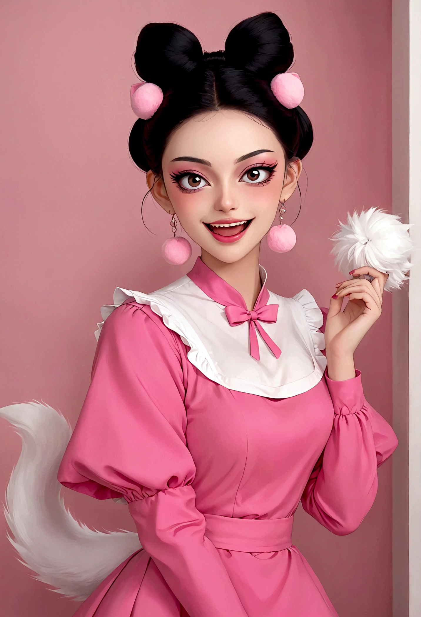 Beautiful face,beautiful eyes,Pink Eyeshadow,laughing out loud,Fangs,Big fluffy tail,Black high bun,Forehead hair,Pink pompom earrings,Pink maid outfit,Reach out,Spells,