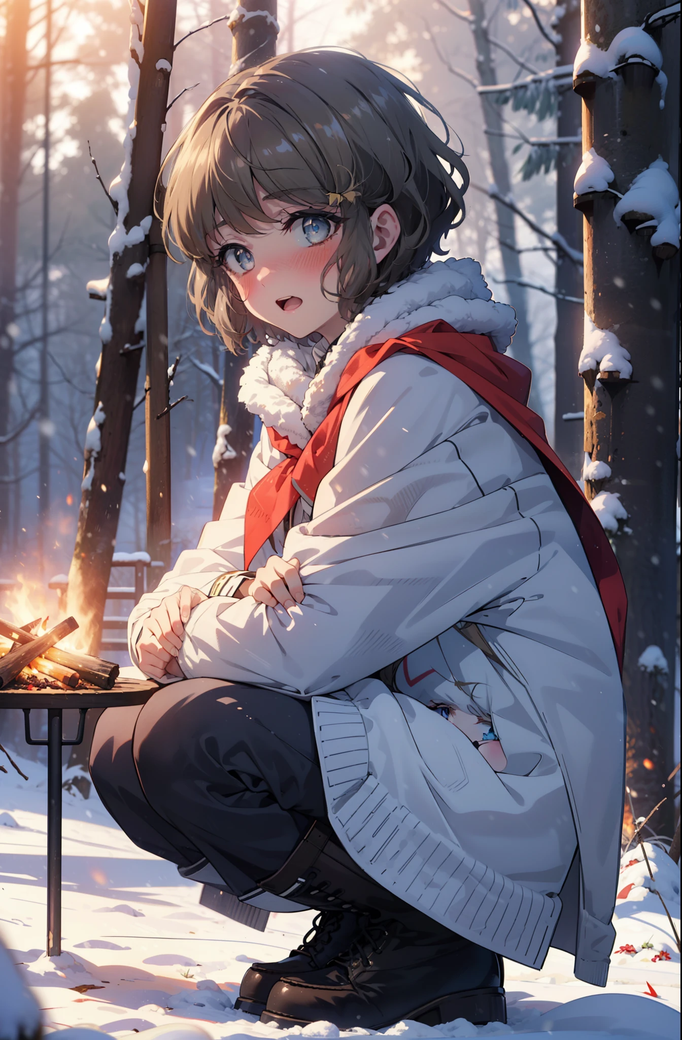 tomoekoga, Chie Koga, short hair, Brown Hair, blue eyes, hair band,smile,blush,White Breath,Center of chest,
Open your mouth,snow,Ground bonfire, Outdoor, boots, snowing, From the side, wood, suitcase, Cape, Blurred, having meal, forest, White handbag, nature, Squat, Mouth closed, Cape, winter, Written boundary depth, Black shoes, red Cape break looking at viewer, Upper Body, whole body, break Outdoor, forest, nature, break (masterpiece:1.2), highest quality, High resolution, unity 8k wallpaper, (shape:0.8), (Beautiful and beautiful eyes:1.6), Highly detailed face, Perfect lighting, Highly detailed CG, (Perfect hands, Perfect Anatomy),