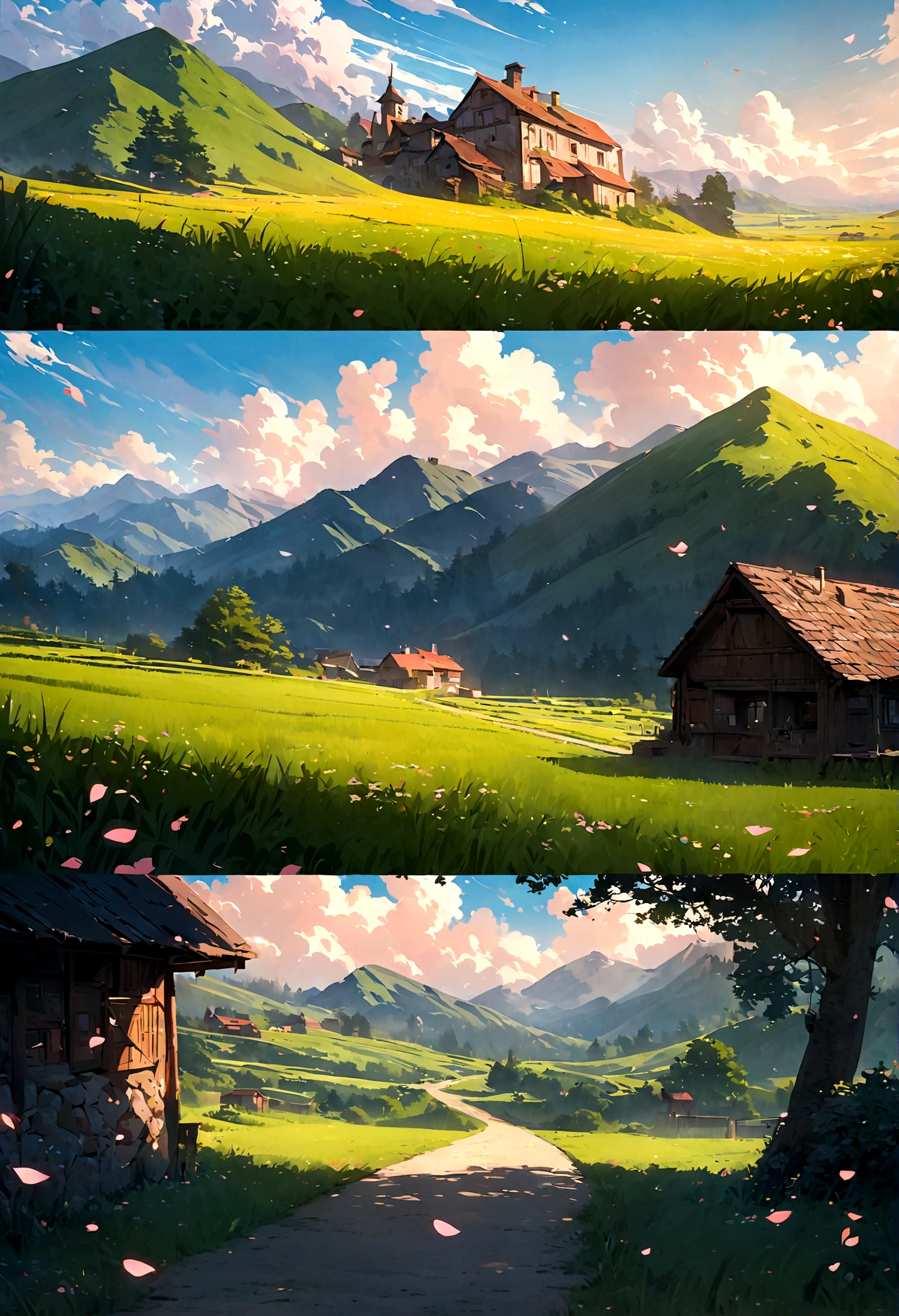 Ghibli style, Beautiful and stunning landscape oil paintings, petal, grassland, Blue sky, grassland, Country road, architecture,