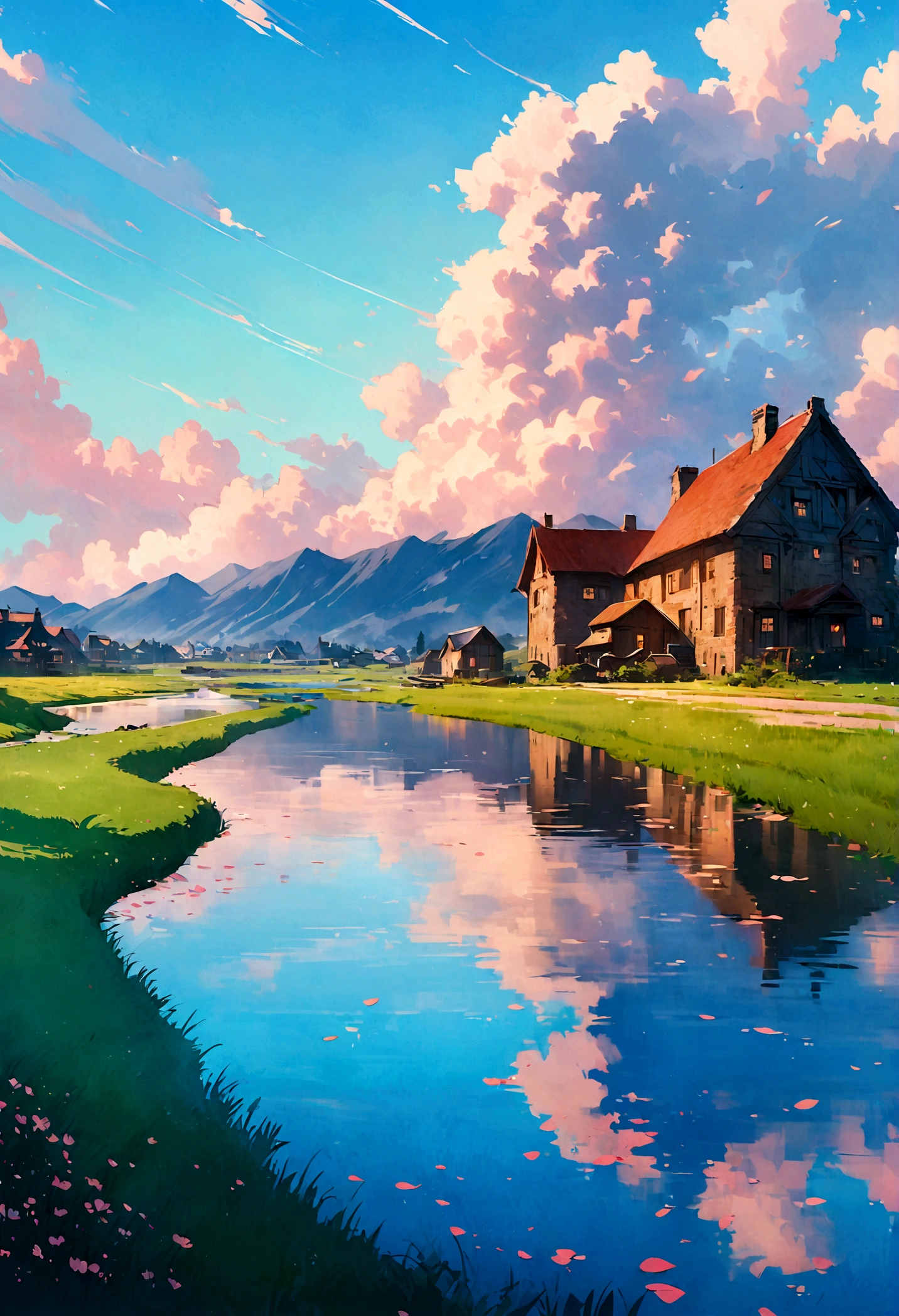 Ghibli style, Beautiful and stunning landscape oil paintings, petal, grassland, Blue sky, grassland, Country road, architecture,