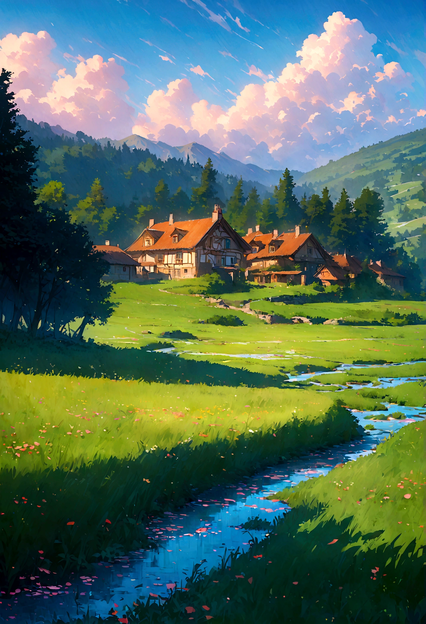Ghibli style, Beautiful and stunning landscape oil paintings, petal, grassland, Blue sky, grassland, Country road, architecture,