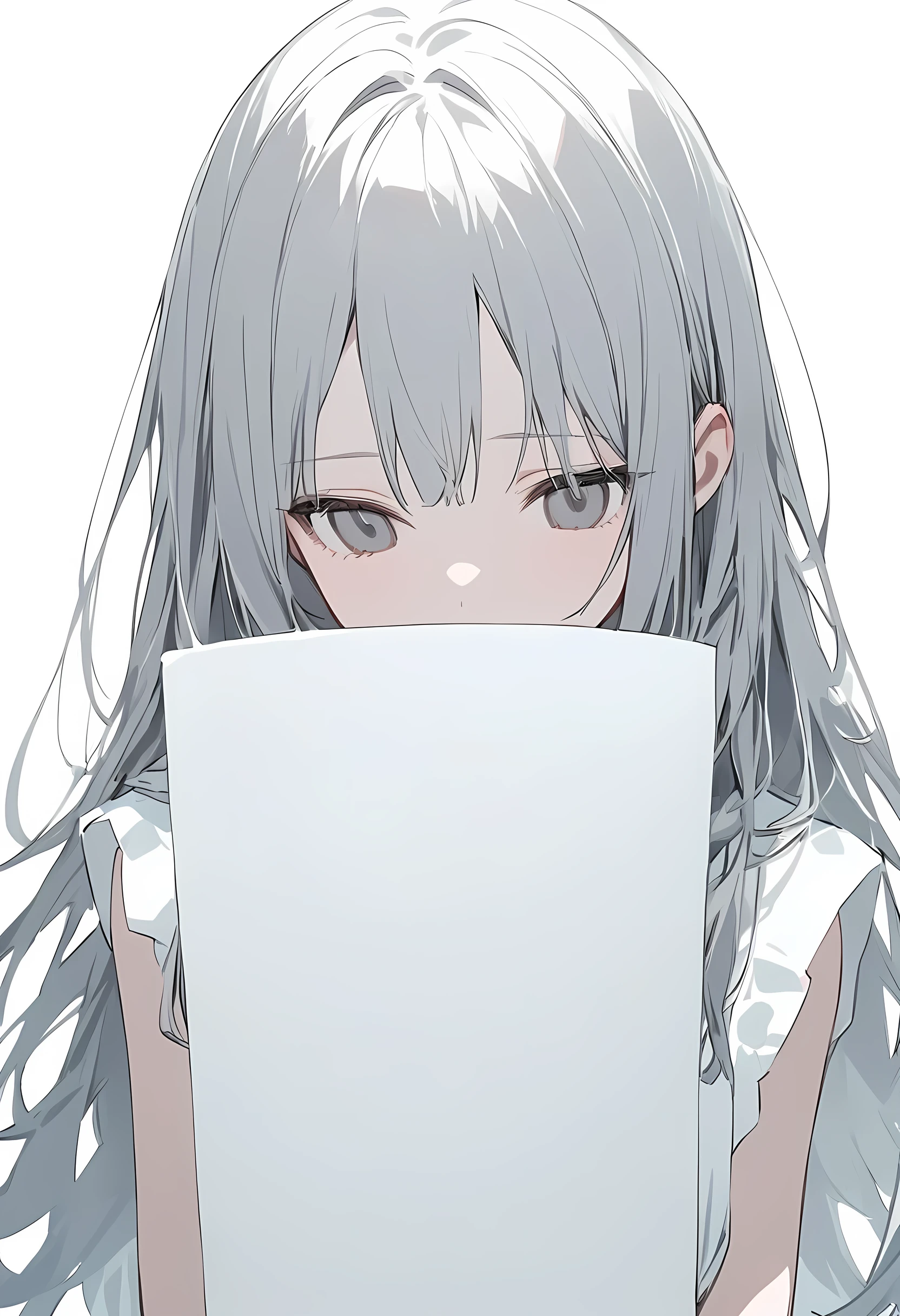 blank paper、Girl、Gray Hair、Long Hair、White Girl、White background、White Room、blank paperのGirl、Emotionless、Expressionless