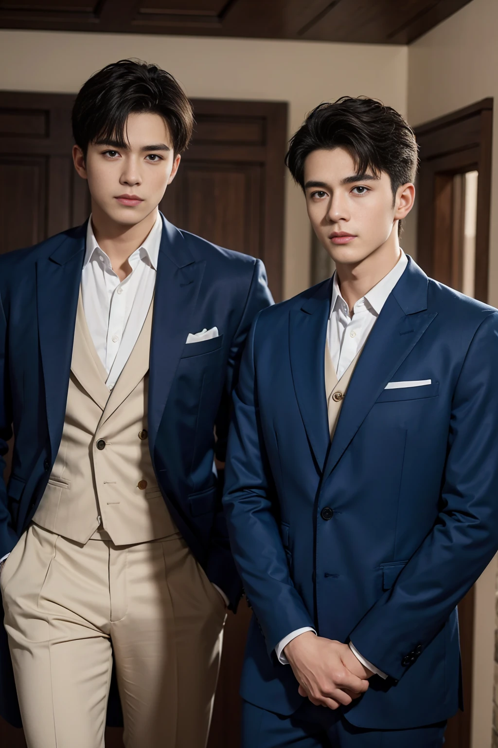 ((masterpiece)),((best quality)),8K,High Detail,Very detailed, Very manly,2 men, like,fashion pose, Real skin texture, Light,
Royal blue style couple