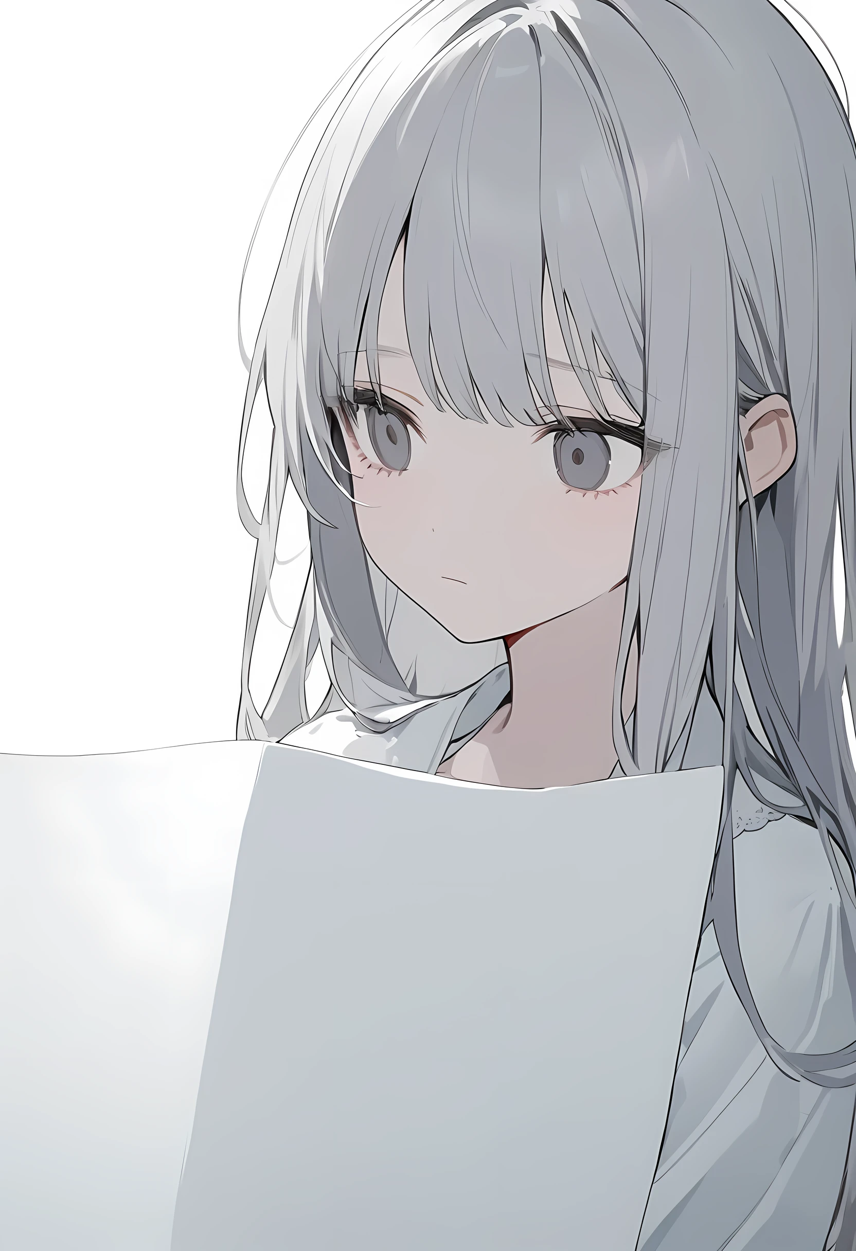 blank paper、Girl、Gray Hair、Long Hair、White Girl、White background、White Room、blank paperのGirl、Emotionless、Expressionless