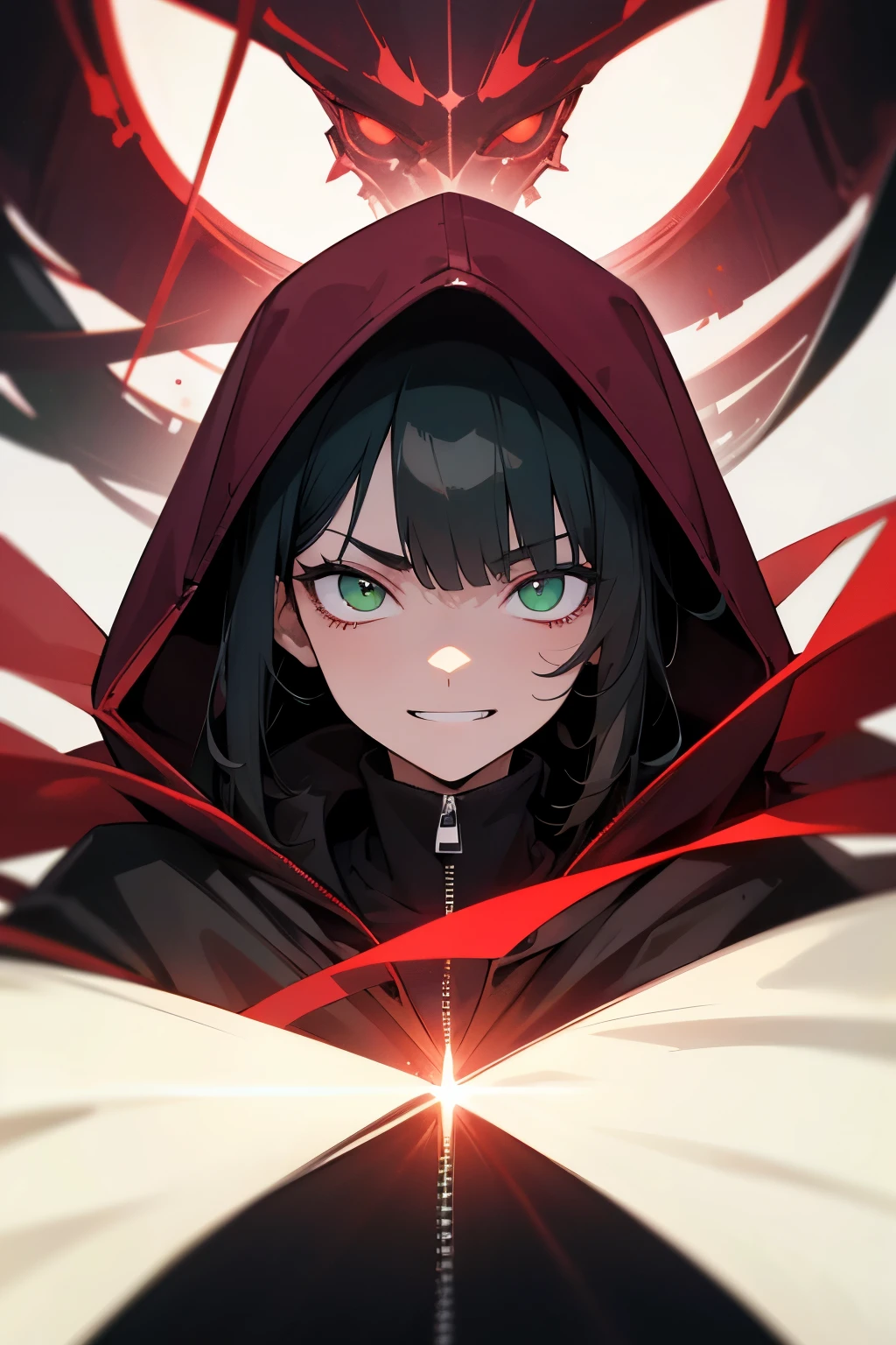 Guy, portrait, high resolution, best quality, expressive emotions, tall, thin build. green eyes, black hair, bangs covering the right eye, wearing a hood, a white T-shirt, an oversized burgundy sweater with a zipper with a hood, a malicious face, a grin, a glowing eye