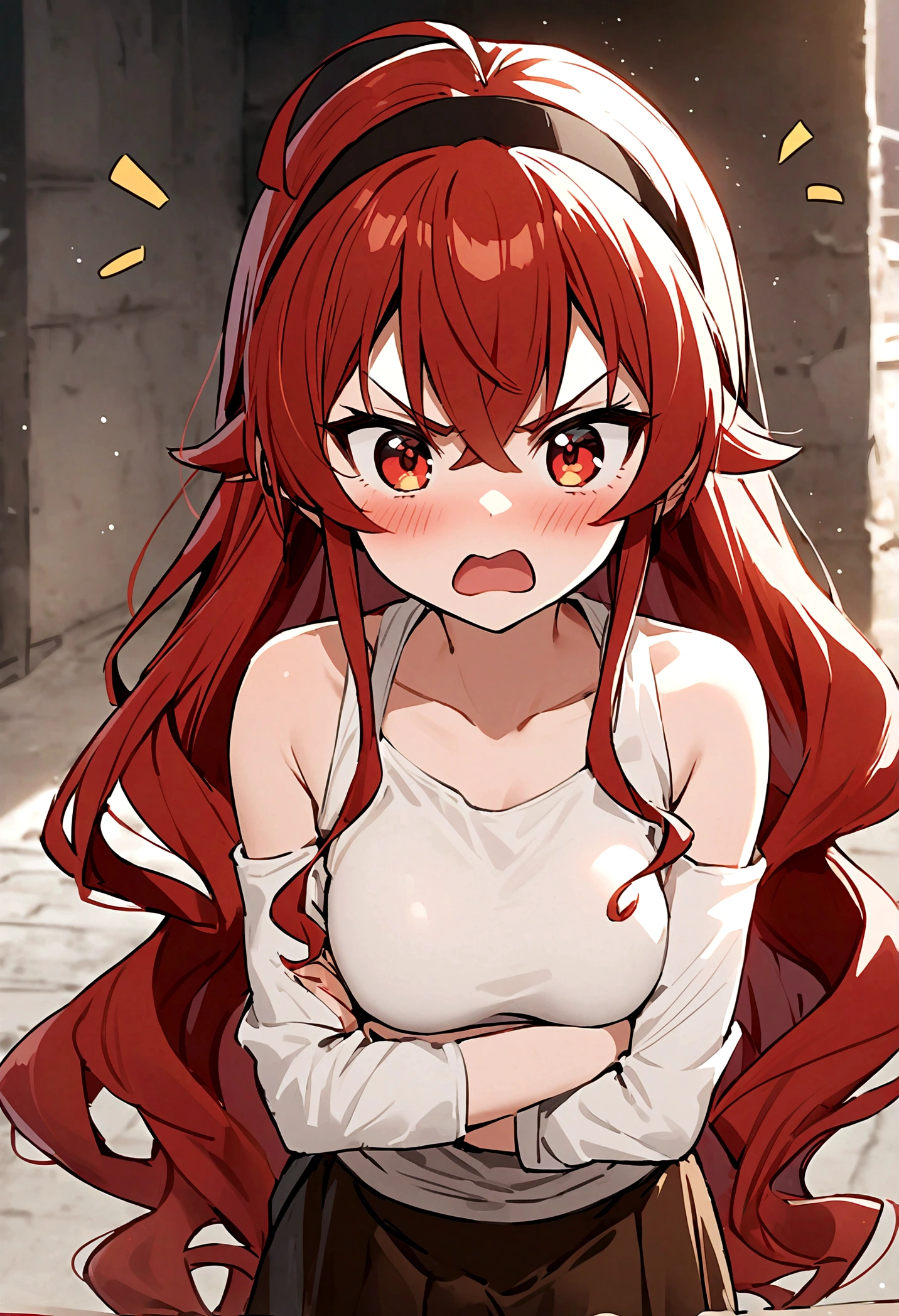 Eris Greyrat, 1 Girl, Solitary, long hair, Ahog, Red Eyes, Red hair, Bare shoulders,Headband, Cross your arms,blush, skirt, black Headband, breast, Separate sleeves,Bangs, Hair between the eyes, Long sleeve, Hair flap, Shut up, black skirt, brown skirt, shirt, crossed Bangs, very long hair, white shirt,biocenosis,Pointing at oneself,call out,angry,