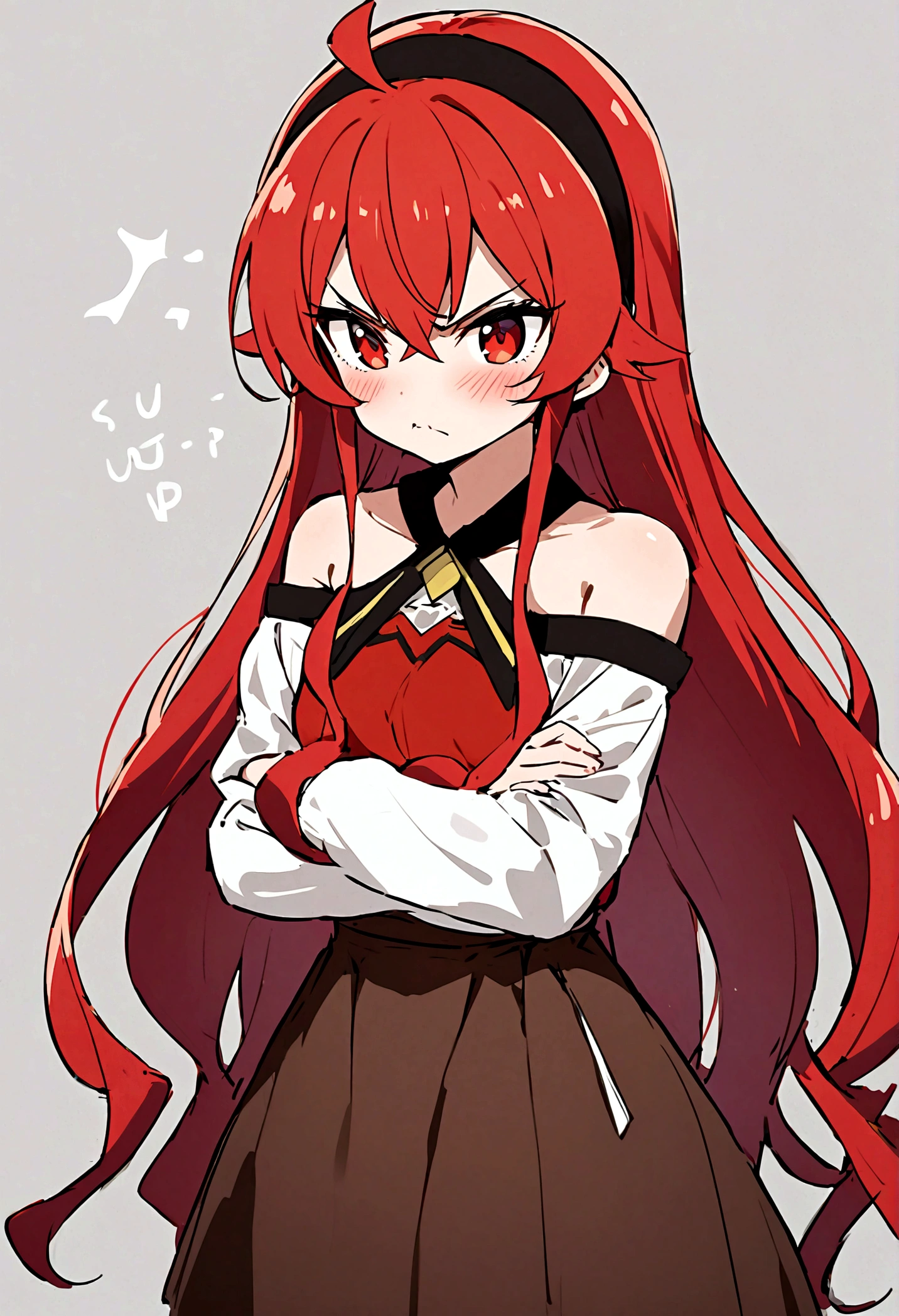 Eris Greyrat, 1 Girl, Solitary, long hair, Ahog, Red Eyes, Red hair, Bare shoulders,Headband, Cross your arms,blush, skirt, black Headband, breast, Separate sleeves,Bangs, Hair between the eyes, Long sleeve, Hair flap, Shut up, black skirt, brown skirt, shirt, crossed Bangs, very long hair, white shirt,biocenosis,Pointing at oneself,call out,angry,