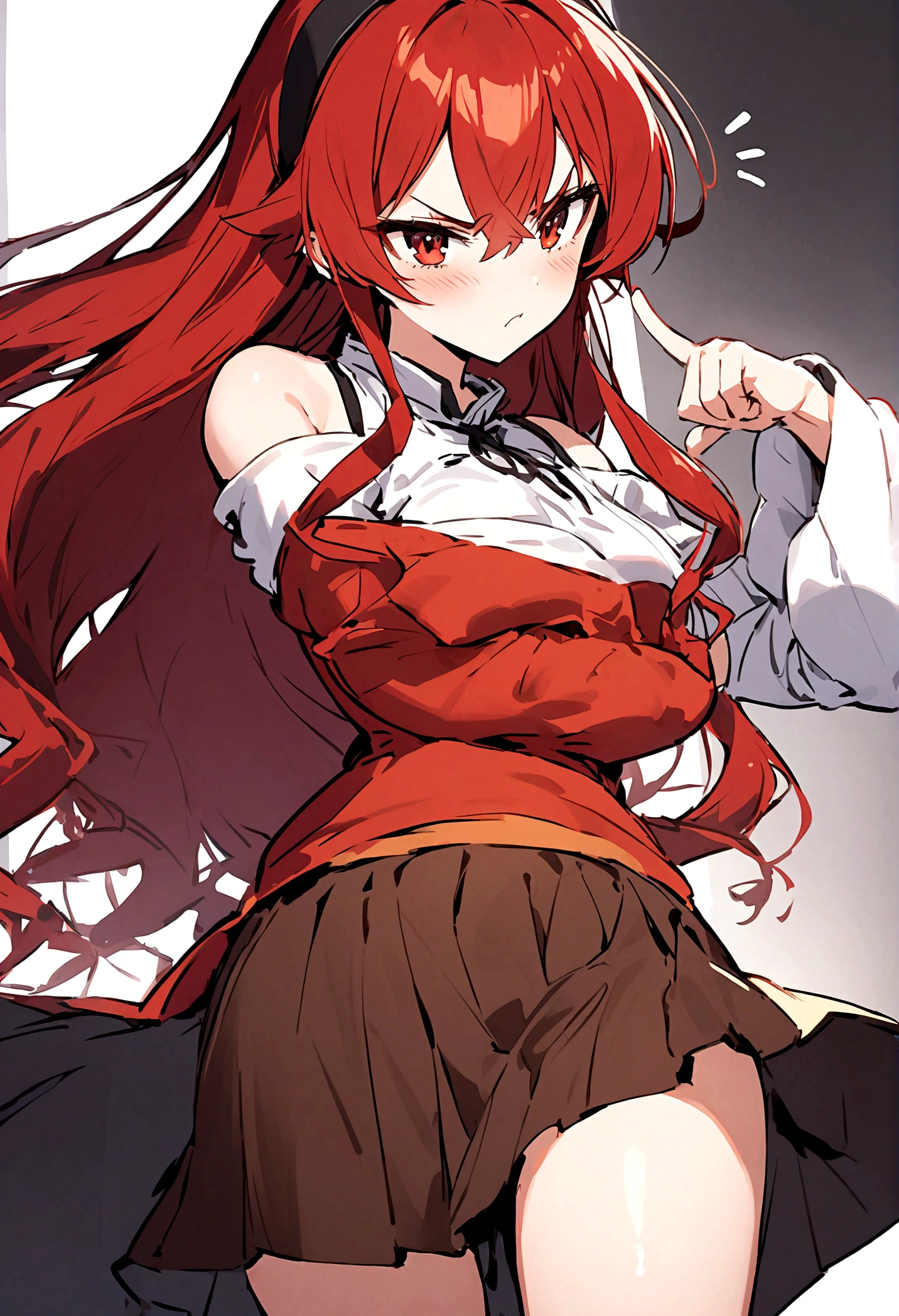 Eris Greyrat, 1 Girl, Solitary, long hair, Ahog, Red Eyes, Red hair, Bare shoulders,Headband, Cross your arms,blush, skirt, black Headband, breast, Separate sleeves,Bangs, Hair between the eyes, Long sleeve, Hair flap, Shut up, black skirt, brown skirt, shirt, crossed Bangs, very long hair, white shirt,biocenosis,Pointing at oneself,call out,angry,