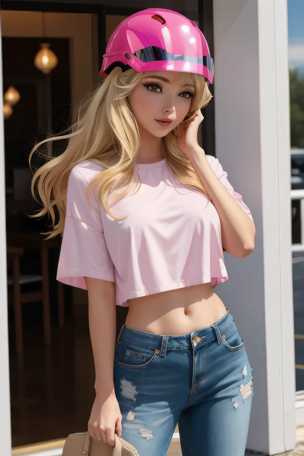 1woman, penelope_pitstop, blond hair, pink helmet, cowboy shot