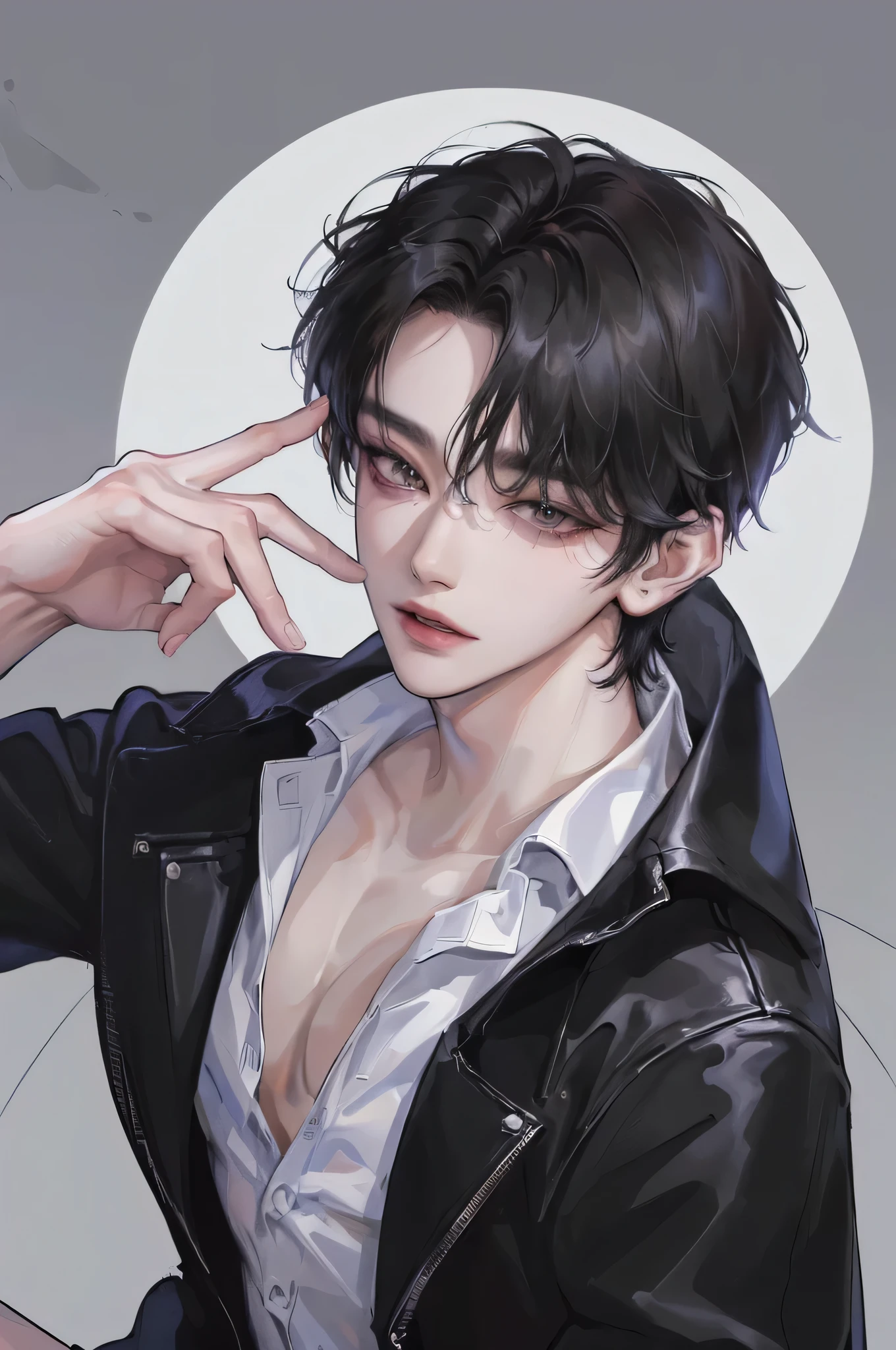 ((black hair)),((badboy)),((ulzzang)),((handsome)),((1man)),((sensuality eyes)),((male)),((wolf cut hairstyle)),((center)),((8k resolution)),((perfect hands)),((model)),((pose)),((sony A7 Mark 3)),((lens 50mm)),((white studio))