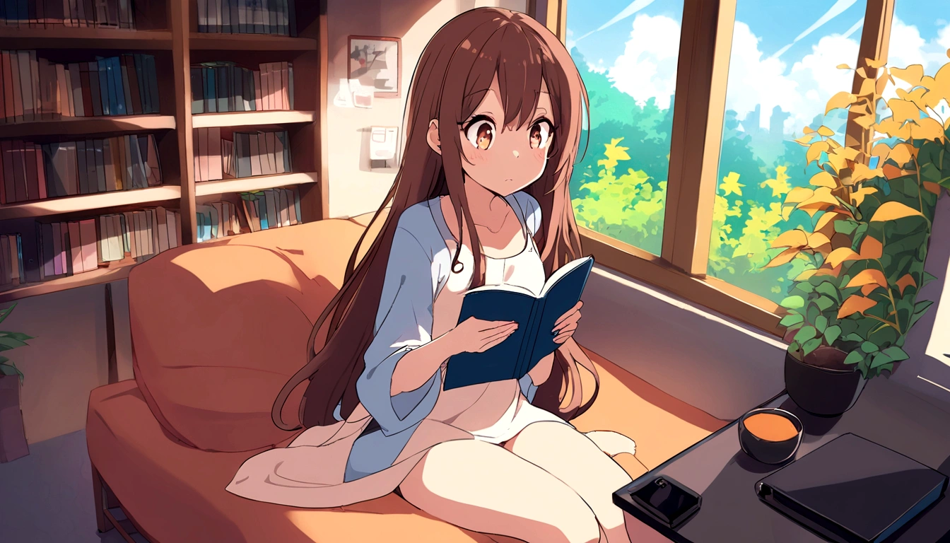beautiful,barefoot,belly down,look up,Please put your feet up,Straight Dress,white,Big eyes,Anime cara beautiful,Reading a book,部屋のベッドでヘッドホンで音楽を聴きながら真剣にReading a book、Staying up late、Long Hair Girl、Big eyes、Illustration Style、Outside the window is the night sky