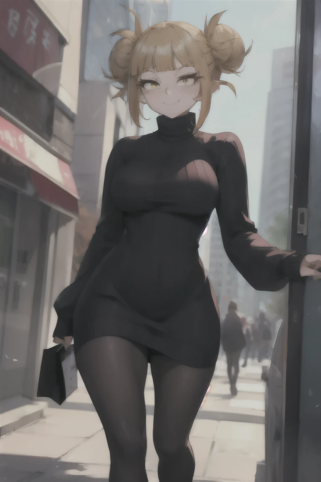 masterpiece, best quality, 1girl, full body, toga himiko, boku no hero academia, shiny skin, cinematic lighting, medium breasts, looking at viewer, messy hair, blonde hair, double bun, yellow eyes, solo, autumn, outdoors, smile, blush, windy, tight black dress,
black sweater dress, ribbed, knit, turtleneck sweater dress, black pantyhose, walking, city, shopping, dynamic angle, close-up,
ultra-detailed, 8k, rtx, ambient occlusion, rim lighting, bustling,