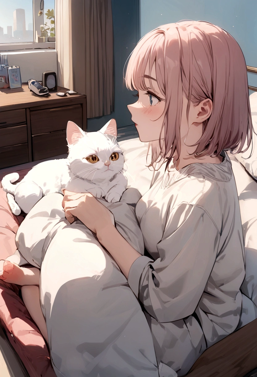 masterpiece, Better Quality, movie, Next to the cat bed Holding a cat