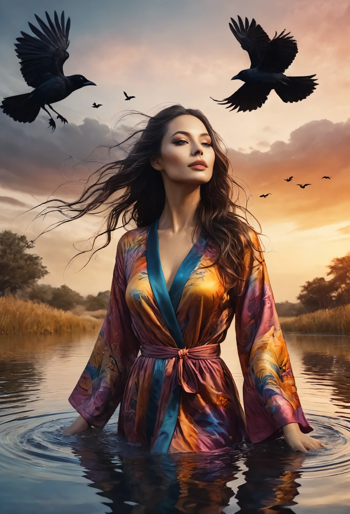 A beautiful woman in a colorful robe, bathing in a serene pond with crows surrounding her, mystical gribwind swirling in the background, (best quality, 4k, 8k, highres, masterpiece:1.2), ultra-detailed, (realistic, photorealistic, photo-realistic:1.37), vibrant colors, dramatic lighting, fantasy art, intricate details, atmospheric, mystical, moody, dark fantasy, dramatic pose, detailed facial features, long flowing hair, graceful movements, swirling wind effects, birds in flight, reflection in water, warm color palette, glowing skin, dramatic chiaroscuro, conceptual, surreal