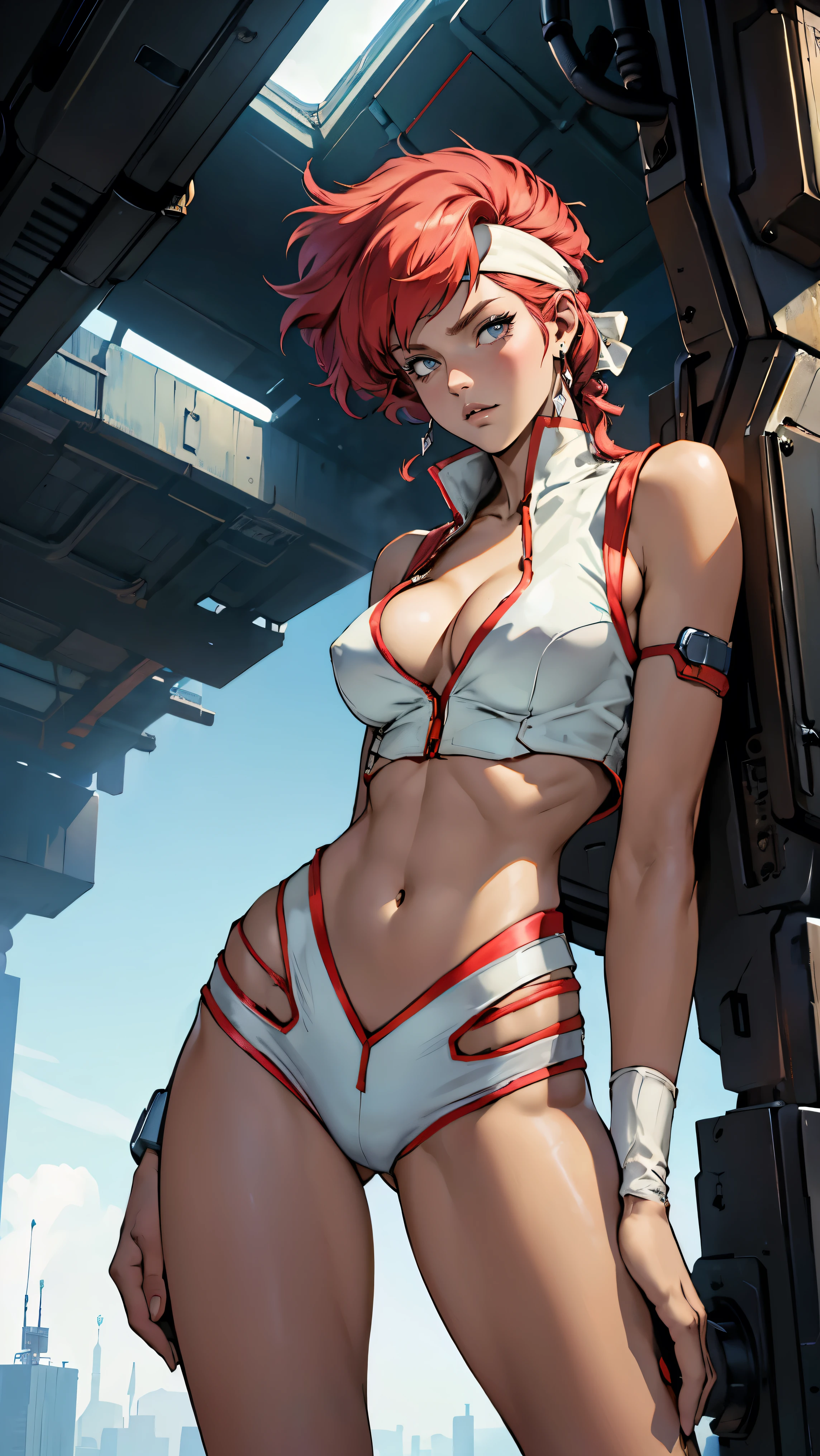 ((Masterpiece, highest quality; 1.3)), super quality, beautiful detail, super detailed, extra fine, 16K, exquisite, absurd, high resolution, beautiful background, detailed background, beautiful eyes, beautiful skin, anime style, Kay from Dirty Pair in a white outfit, tight outfit, cleavage, bushy redhead beauty, very light blue uniform, wearing tight clothes, skimpy, (mid chest: 1.2), cleavage, cleavage, slim waist , thin waist, slim thighs, thin legs, slim legs. thigh gap, showing stomach, skinny, thin hips, cyberpunk city background, retro space gun holding, headband,