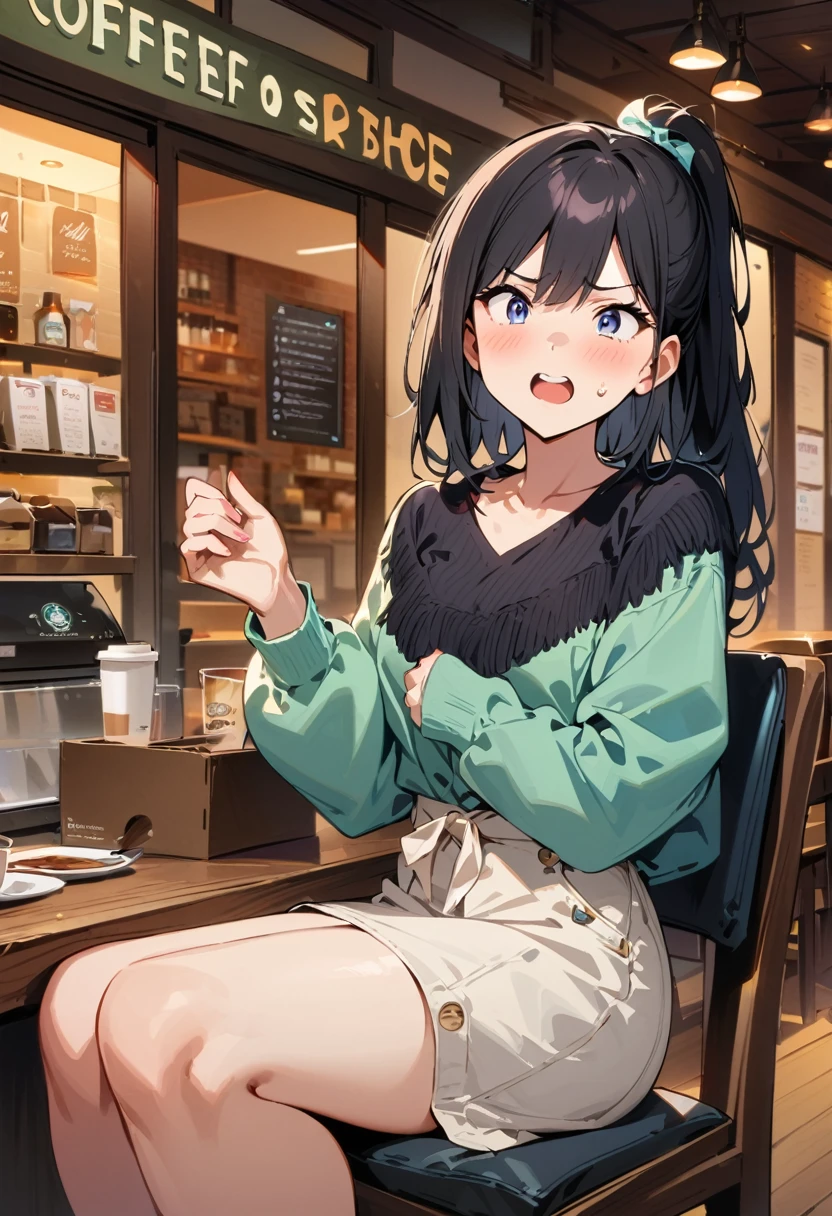 girl, Black Hair, Pull up your ponytail，Disgusted look, laugh at, High-quality images, masterpiece, Coffee Shop,
