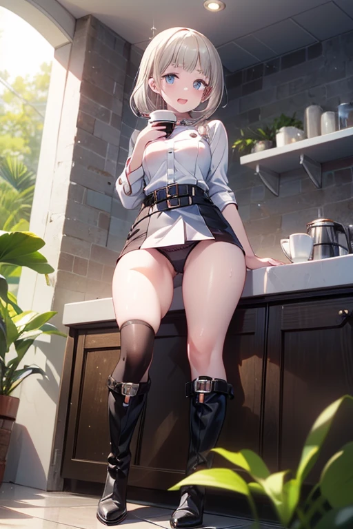 highest quality、(real、photorealistic:1.4)、(RAW photo:1.2,(Curve,Model,glamor:1.5),Beautiful breasts,(from below:1.2),(from side:0.9), ((Face)), (Close-Up:0.4), ((looking at viewer, holding a cup of coffee)), highest quality、(real、photorealistic:1.4)、(RAW photo:1.2),highest quality,(masterpiece),(((Whole body image))),(a 18yo girl), (Highly detailed face),Slightly round face, (Tan brown face:1.0), Boyish beauties, beautiful face, Beautiful lips,Baby Face,(Big eyes),((black,hair,long pony tail hair)),thin pubic hair,cute,lovely,(strong silver hair:1.2),(blunt bangs),(Brown skin:1.0),(Military uniform, bulletproof jacket),nice companion,delicate body、thin legs,beautiful black dress,black gloves, black thighhighs, white panties,(double breasted,under bust:1.2)in the kitchen Woman in survival mode,Sexy thighs,Heat,Sweat heavily,Tropical forests,During a break,sit cross-legged on the ground,The way the light shines is beautiful, Beautiful buttocks,(with sparkling eyes and a contagious smile),little open mouth,black suspenders,Bulging big,breasts,walls: Black miniskirt,garters,Gaze,Small face,bangss,holster,Beautuful Women,hands up,leg holster,Gaze,black boots panty shot, provocation,flank,flank sweat soio,arm,,narrow waist,(with sparkling eyes and a contagious smile),her thin pubic hair, looking at viewer, pose muy sexy"