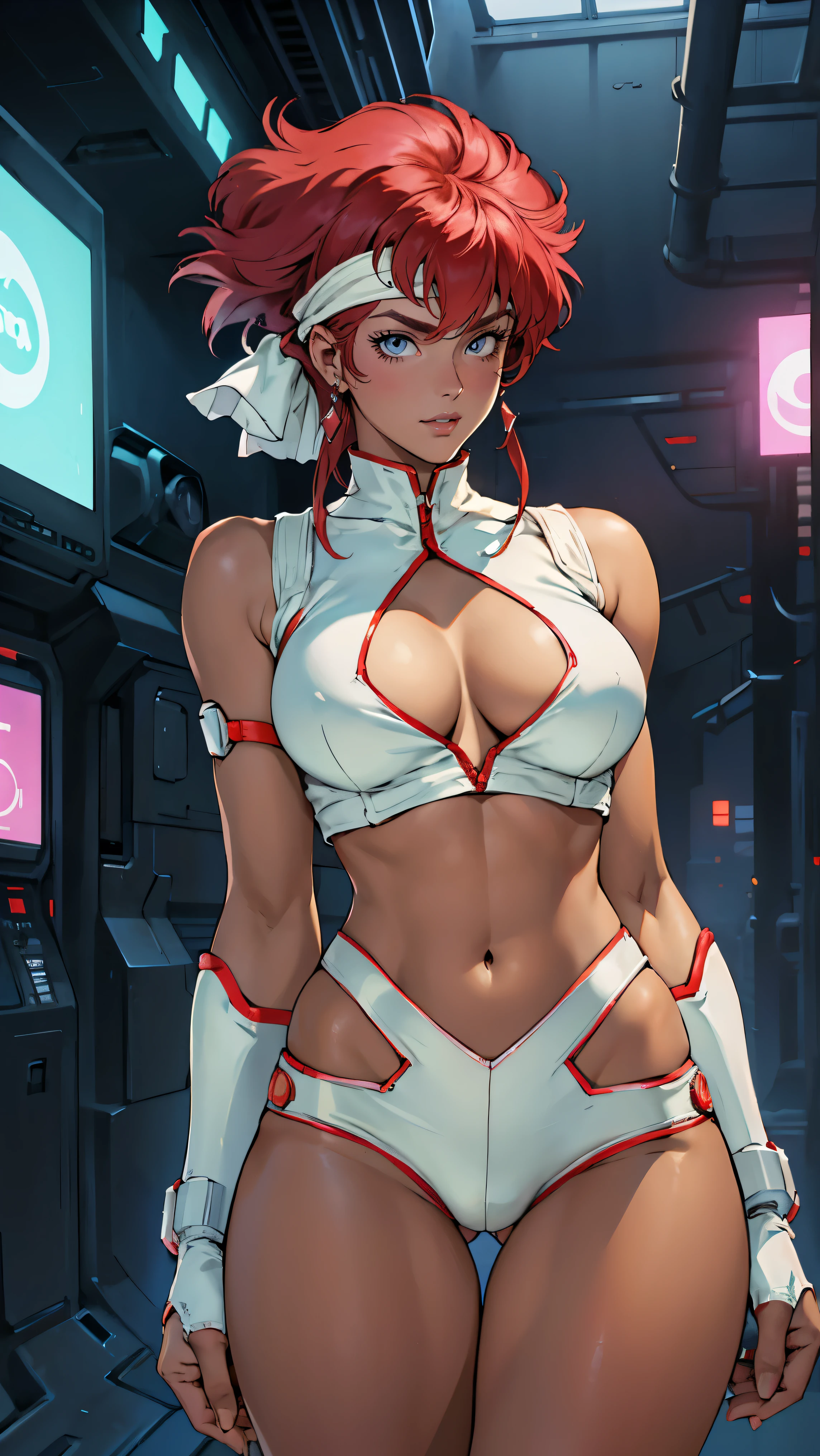((Masterpiece, highest quality; 1.3)), super quality, beautiful detail, super detailed, extra fine, 16K, exquisite, absurd, high resolution, beautiful background, detailed background, beautiful eyes, beautiful skin, anime style, Kay from Dirty Pair in a white outfit, tight outfit, cleavage, bushy redhead beauty, very light blue uniform, wearing tight clothes, skimpy, (mid chest: 1.2), cleavage, cleavage, slim waist , thin waist, slim thighs, thin legs, slim legs. thigh gap, showing stomach, skinny, thin hips, cyberpunk city background, retro space gun holding, headband,