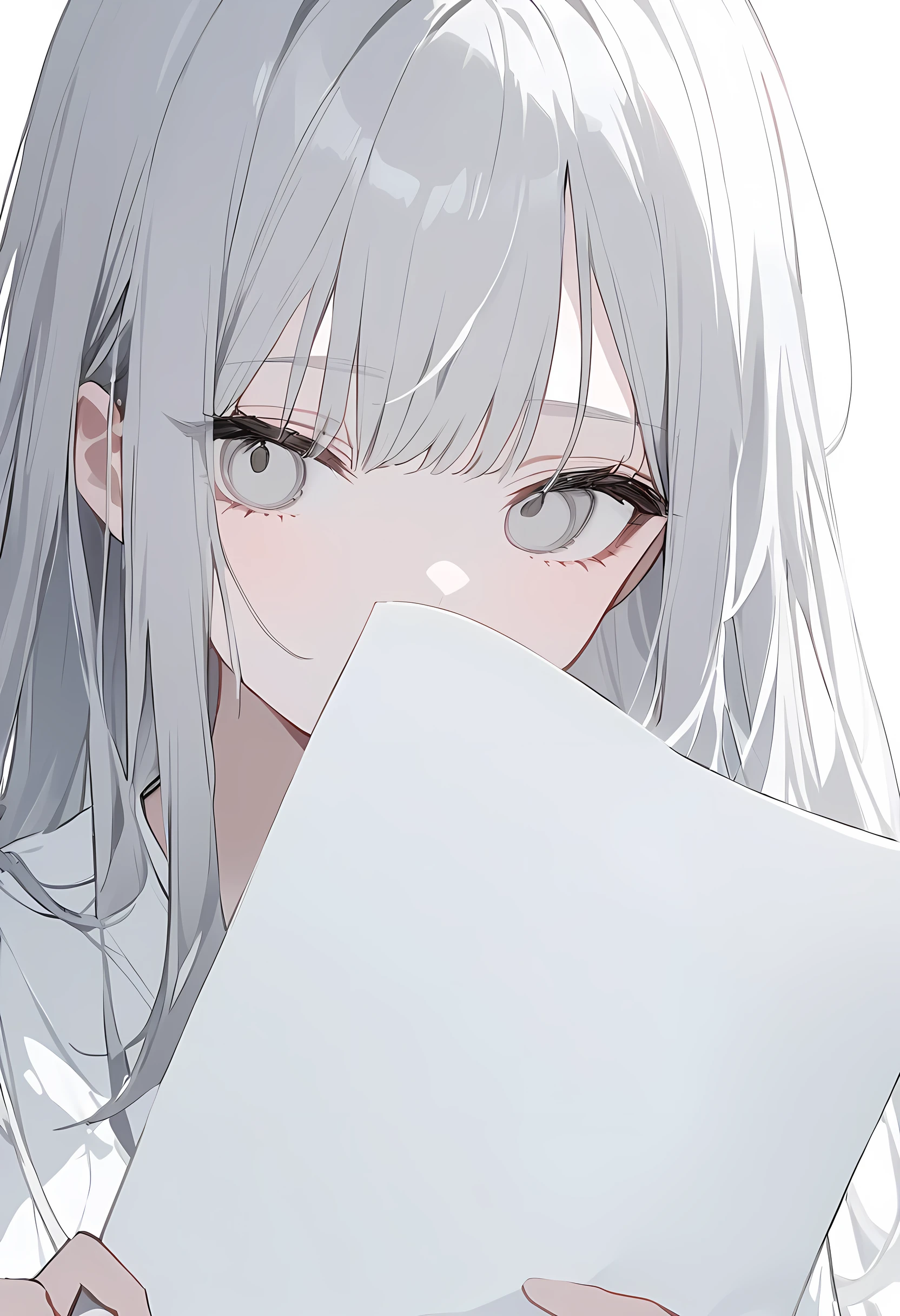 blank paper、Girl、Gray Hair、Long Hair、White eye color、All eyes are white、全体的にWhite Girl、White Girl、White background、White Girl、White Room、blank paperのGirl、Emotionless、Expressionless