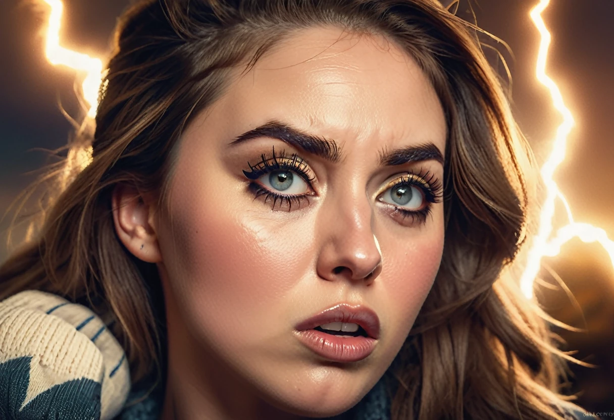 a woman with a disgusted expression looking at her own socks, the socks so smelly that she feels a lightning bolt-like shock, lightning flashing in the background, intricate detailed portrait, high quality, photorealistic, beautiful detailed eyes, beautiful detailed lips, extremely detailed face, long eyelashes, refined skin texture, dramatic lighting, moody atmosphere, cinematic composition, warm color palette