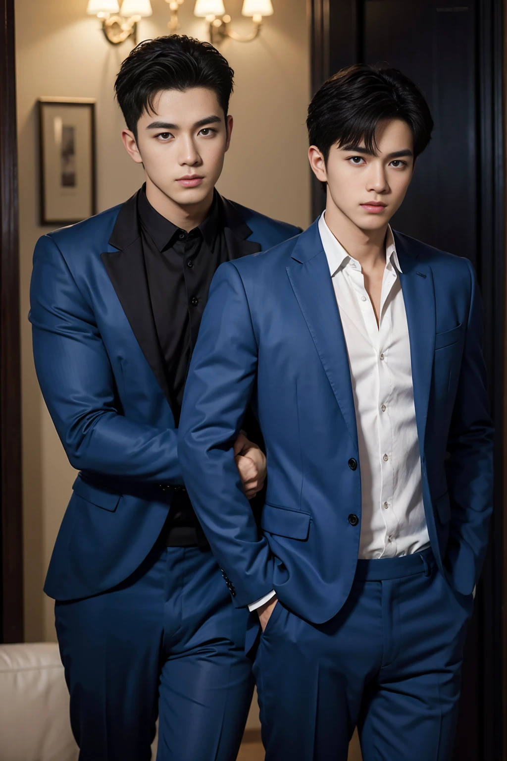 ((masterpiece)),((best quality)),8K,High Detail,Very detailed, Very manly，2 men, like，fashion pose, Real skin texture, Light,
Royal blue style couple