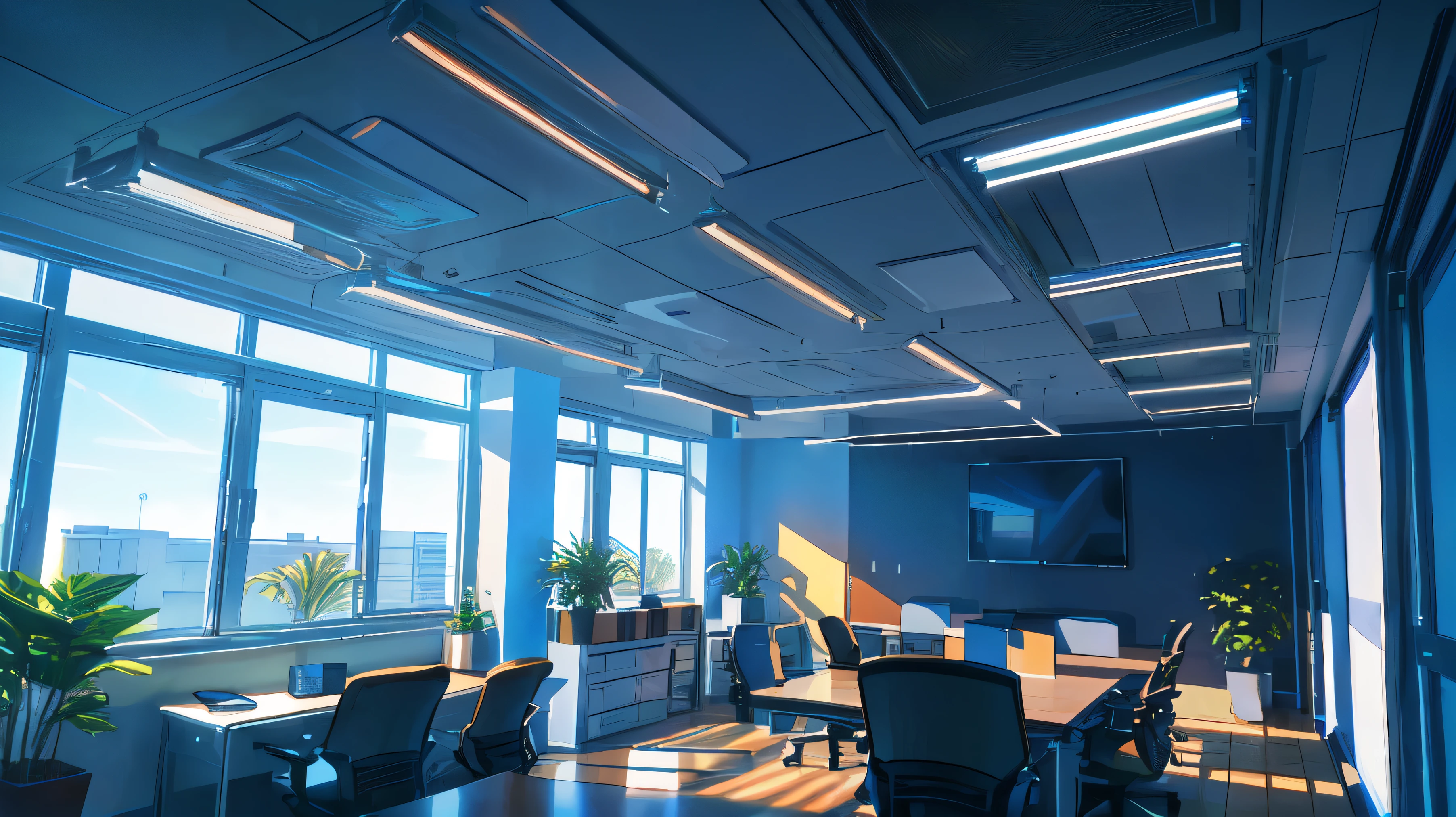 arafed office with a desk and chairs and a potted plant, office ceiling panels, offices, modern office, suspended ceiling, office furniture, office interior, professional render, empty office, office room interior, commercial lighting, bright render, clean render, cubical meeting room office, low ceiling, colour, huge office, multiple desks, open ceiling, open office