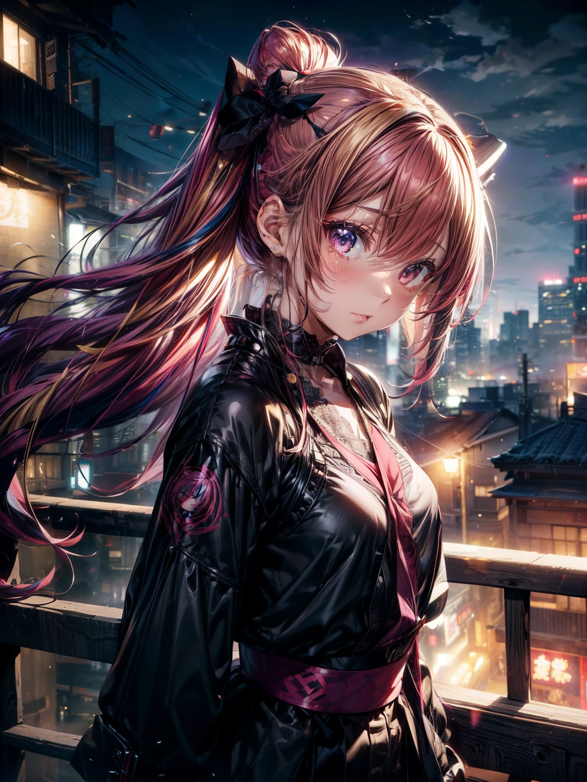 Shinsengumi Haori,1girl, solo,hole body ,long hair, (Shinsengumi), twin tails, y , hot, sexyir buns, two tone hair, multicolored hair, pink hair, two colored hair, streaked hair, gold hair, gold eyes, bangs, makeup, black lipstick, mascara, eyeshadow, cross necklace, hair bow, lace gloves, fishnets, black leggings, dynamic angle, cyberpunk, city view, side lighting, shiny skin, detailed eyes, detailed face, water flowing, wind swept hair, glitter ,